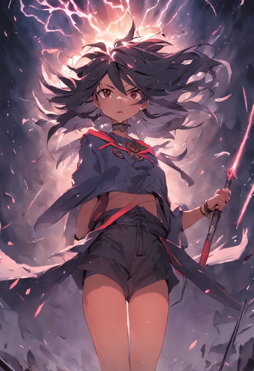 "sinister atmosphere, electric power, mysterious twins, wielding sharp spears, trendy shorts and tunics, voluminous and wild hair, adorned anklets, intertwined roots, embracing the essence of dark academia."