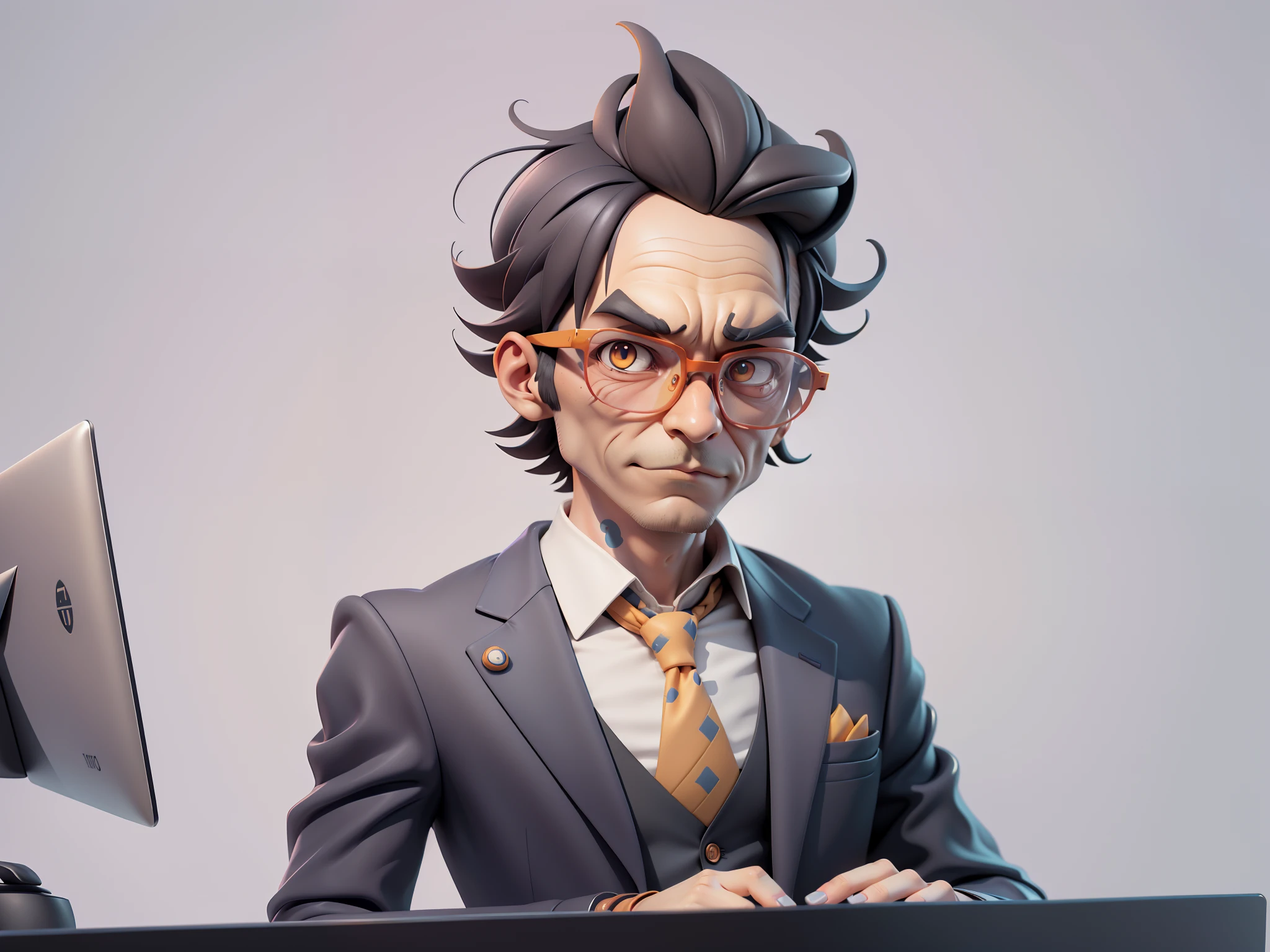 A young man in a suit, Short hair and glasses sat at his desk,holding laptop,digitial painting,tigre,3D character design by Mark Clairen and Pixar and Hayao Miyazaki and Akira Toriyama,4K HD illustration,Very detailed facial features and cartoon-style visuals。