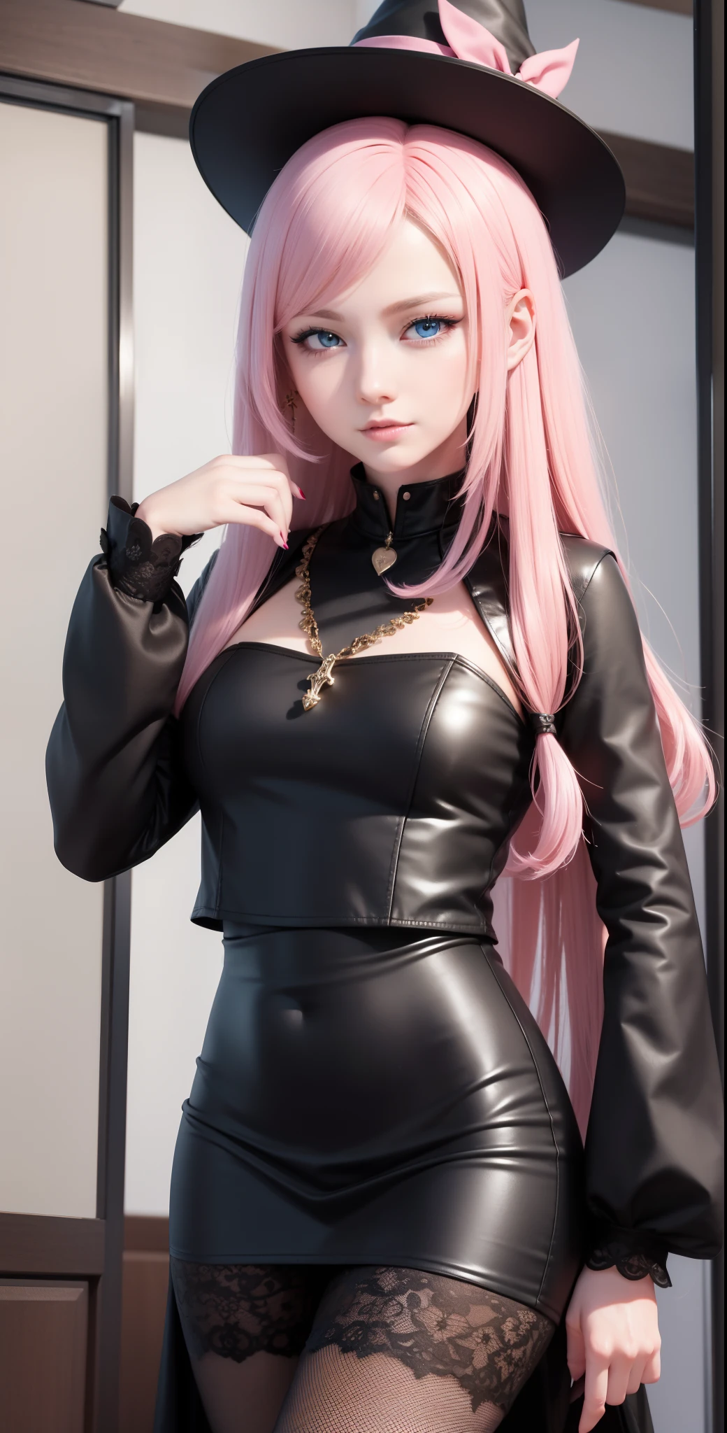 masterpiece, top-quality, Adults, different color, finely eye and detailed face, intricate detailes, Wizarding World Costumes((A black)), Inside the coffee shop, During the walk, A smile, Happiness, tenderness, youthfulness, high-level image quality、 Beautuful Women、tall、window、𝓡𝓸𝓶𝓪𝓷𝓽𝓲𝓬、Englishman, Idol Photos, k pop, Professional Photos, the witch, Fedoman with necklace, inspired by Sim Sa-jeong, Androgynous witch, :9 detailed face: 8, extra detailed face, detailed punk hair, ((Light blue eyes)) baggy eyes, Seductive. Highly detailed, semi realistic anime, Vampires, hyperrealistic , Delicate androgynous princess, imvu, Woman with long hair, Gentle smiling woman, Sexy and cool face, glamor, sexypose, ((Woman with pretty long pink hair and light blue eyes)),