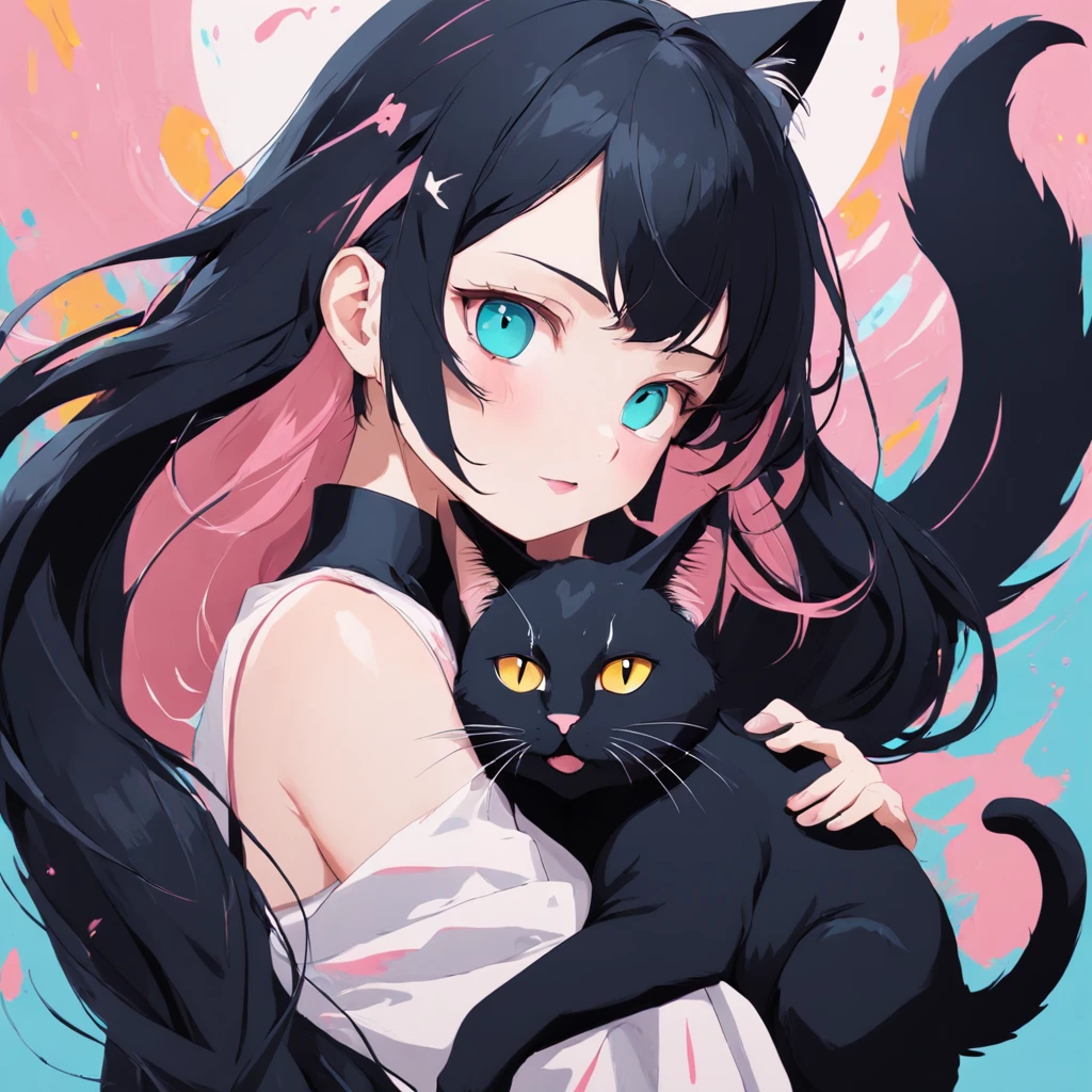 Cat in art, Grooming、leisure、Main color Black, Secondary color cyan, Pastel pink background, artistic, Sophisticated, Warm style, Shapes include abstract cats, Playful forms, Elegant piece, Textures include fur textures, Smooth paint, Fabric texture, The lines contain graceful lines, Natural curves, Delicate silhouette, The shape is elegant, approachable, Expressive, Aesthetic.