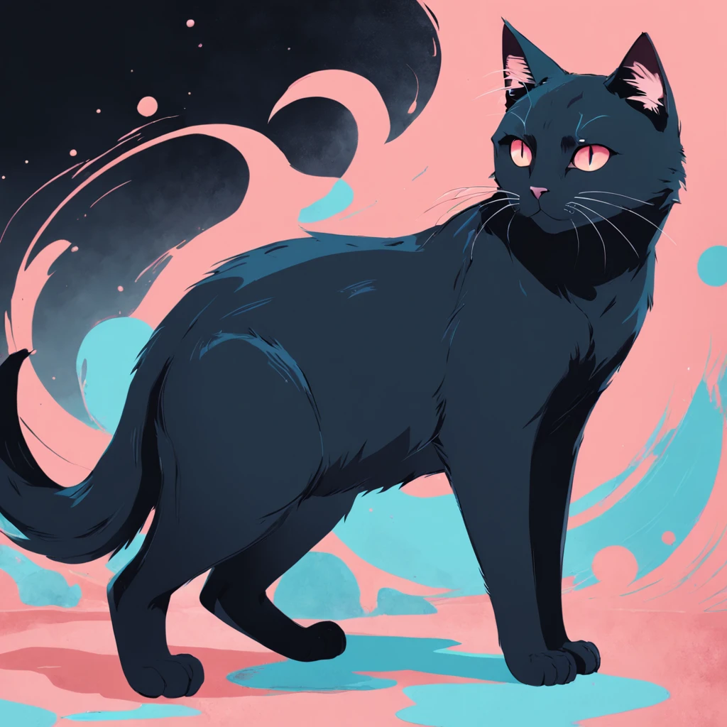 Cat in art, Grooming、leisure、Main color Black, Secondary color cyan, Pastel pink background, artistic, Sophisticated, Warm style, Shapes include abstract cats, Playful forms, Elegant piece, Textures include fur textures, Smooth paint, Fabric texture, The lines contain graceful lines, Natural curves, Delicate silhouette, The shape is elegant, approachable, Expressive, Aesthetic.