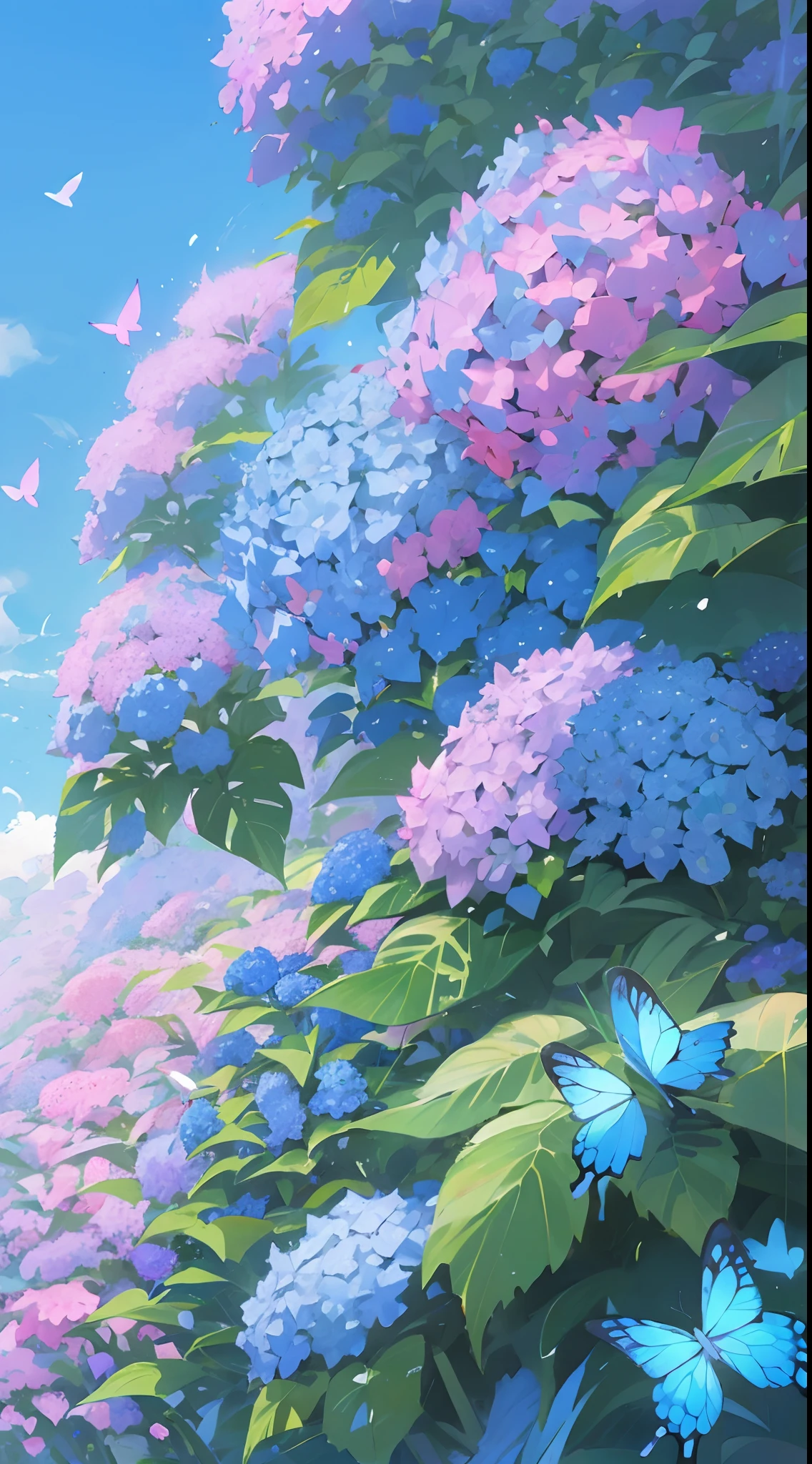 blue Hydrangeas, makoto shinkai style, in forest, blue sky, many little butterfly, colorful butterfly