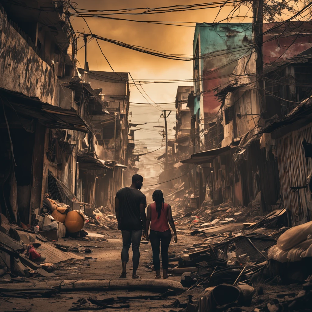 photorealistic photograph of a black couple sadly contemplating the landscape of a destroyed favela in Brazil. large flames of fire and smoke filling the air, olhos negros, longos cabelos pretos e tatuagens cyberpunk. tempo chuvoso, atmosfera sombria. CANON EOS R7,Lento 70-200mm F/5.8 G Perguntas frequentes, definido como uma abertura de f/22, velocidade do obturador 1/Anos 400,ISO 400 Certification.Continuous focus mode, Image stabilization enabled, auto white balance. Mode of measurement used in various segments, exposure compensation 0, sem flash. The angle was full-body, with the composition following the rule of thirds and blurred background. The depth of field was shallow and no tripod was used. Cru.