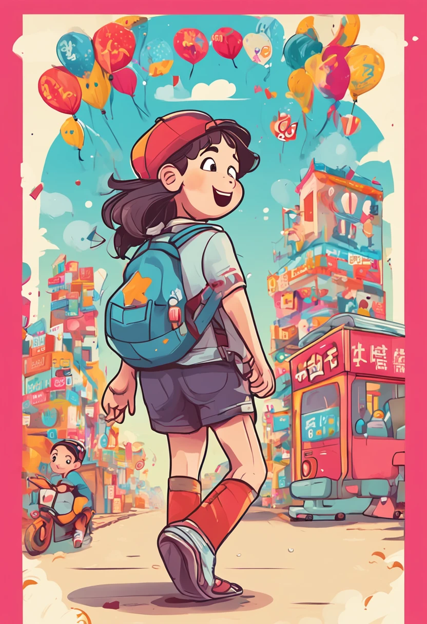 Let's go to the election poster、Kids Watch、amusing、The tagline is「Let's go to the elections」、Children full of smiles、Bright colors、Pop illustrations、Cute character design、Fun atmosphere、vibrant background、Character is walking towards voting