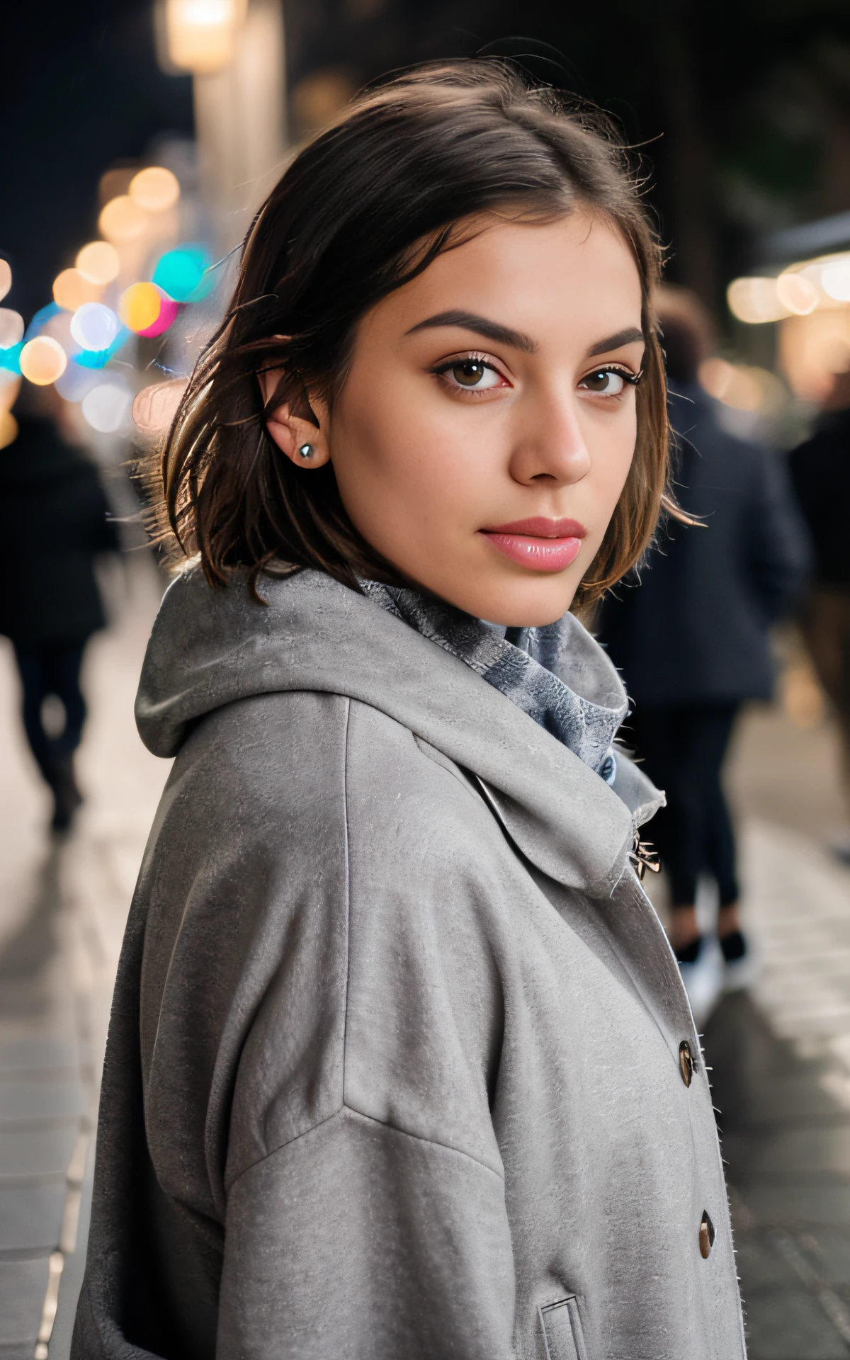 best quality, ultra photorealistic, photorealism, 8k, photograph, photo of a young man, jacket, ear studs, gray scarf, sweater, short windswept light brown hair, fit, beautiful, (effeminate), (shaved), eyeliner, standing on the walkway, background is a crowded street, bokeh, rain, humid, overcast, artificial lights, detailed face and eyes, higly detailed skin, 8k uhd, sharp focus, professional, best quality