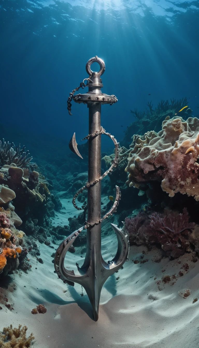 (((a CHROME ANCHOR stuck at the bottom of a DEEP Ocean floor))) shafts of sunlight filtering through the ocean's surface, illuminating the hidden world beneath, create a captivating underwater scene. vertical panorama, Ultra Wide View. UHD, masterpiece, award winning photo