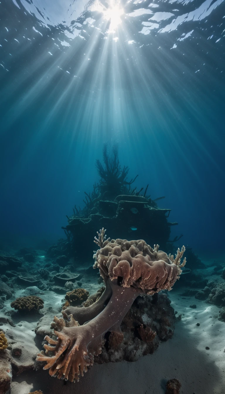 (((a CHROME ANCHOR stuck at the bottom of a DEEP Ocean floor))) shafts of sunlight filtering through the ocean's surface, illuminating the hidden world beneath, create a captivating underwater scene. vertical panorama, Ultra Wide View. UHD, masterpiece, award winning photo
