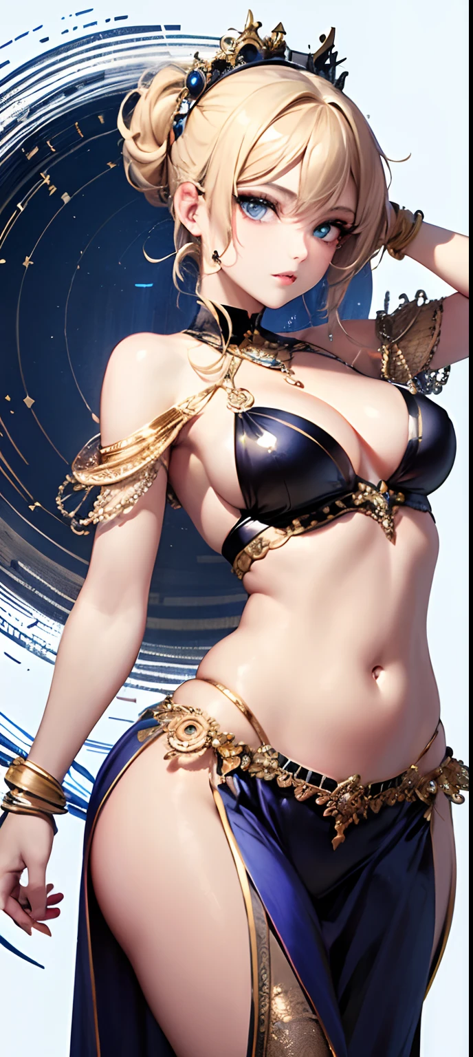 (masterpiece、top-quality、top-quality、Official art、Beautifully Aesthetic:1.2)、(1girl in:1.3)、glitch art、(digital distortion)、a blond、Knitting chignon、Belly dance、Belly Dance Costumes、Round eyes、Blue eyes、Challenging look、White background、