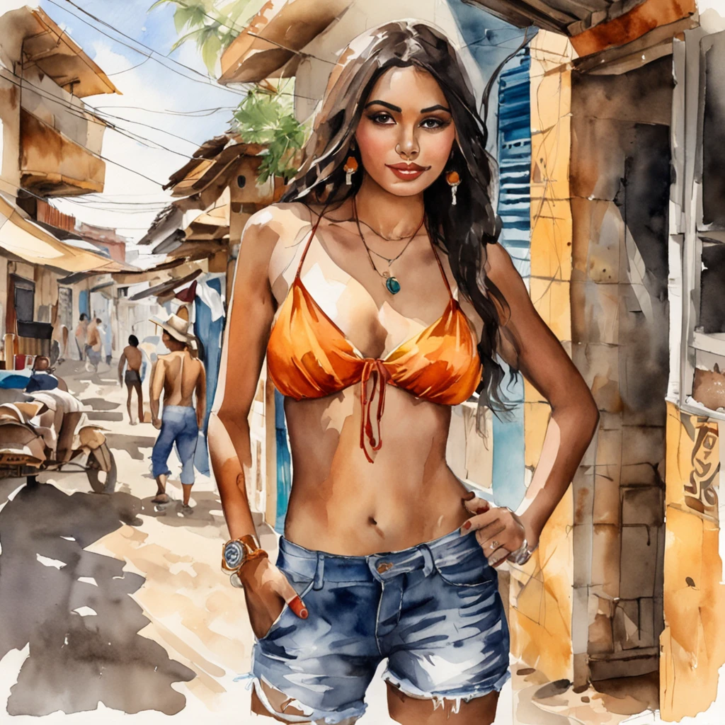 Photograph of a group of two beautiful Brazilian girls in bikinis in a favela in Brazil, full body, faces made up, brown eyes, small tattoos, traffic in the background, straight black hair, nearby yacht. Camera: Sony a7 III, Lens: Sony FE 70-200mm f/4 G OSS, Aperture: f/11, Shutter speed: 1/400s, ISO: 400, Focus mode: Continuous, Image stabilization: On, White balance: Auto, Metering mode: Multisegment, Exposure compensation: 0, Flash: Off, Angle: Full body angle, Composition: Rule of thirds, Background: Blurred, Depth of field: Shallow, Tripod: No, File format: RAW.