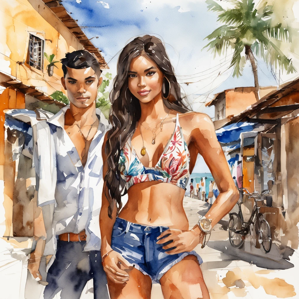 Photograph of a group of two beautiful Brazilian girls in bikinis in a favela in Brazil, full body, faces made up, brown eyes, small tattoos, traffic in the background, straight black hair, nearby yacht. Camera: Sony a7 III, Lens: Sony FE 70-200mm f/4 G OSS, Aperture: f/11, Shutter speed: 1/400s, ISO: 400, Focus mode: Continuous, Image stabilization: On, White balance: Auto, Metering mode: Multisegment, Exposure compensation: 0, Flash: Off, Angle: Full body angle, Composition: Rule of thirds, Background: Blurred, Depth of field: Shallow, Tripod: No, File format: RAW.