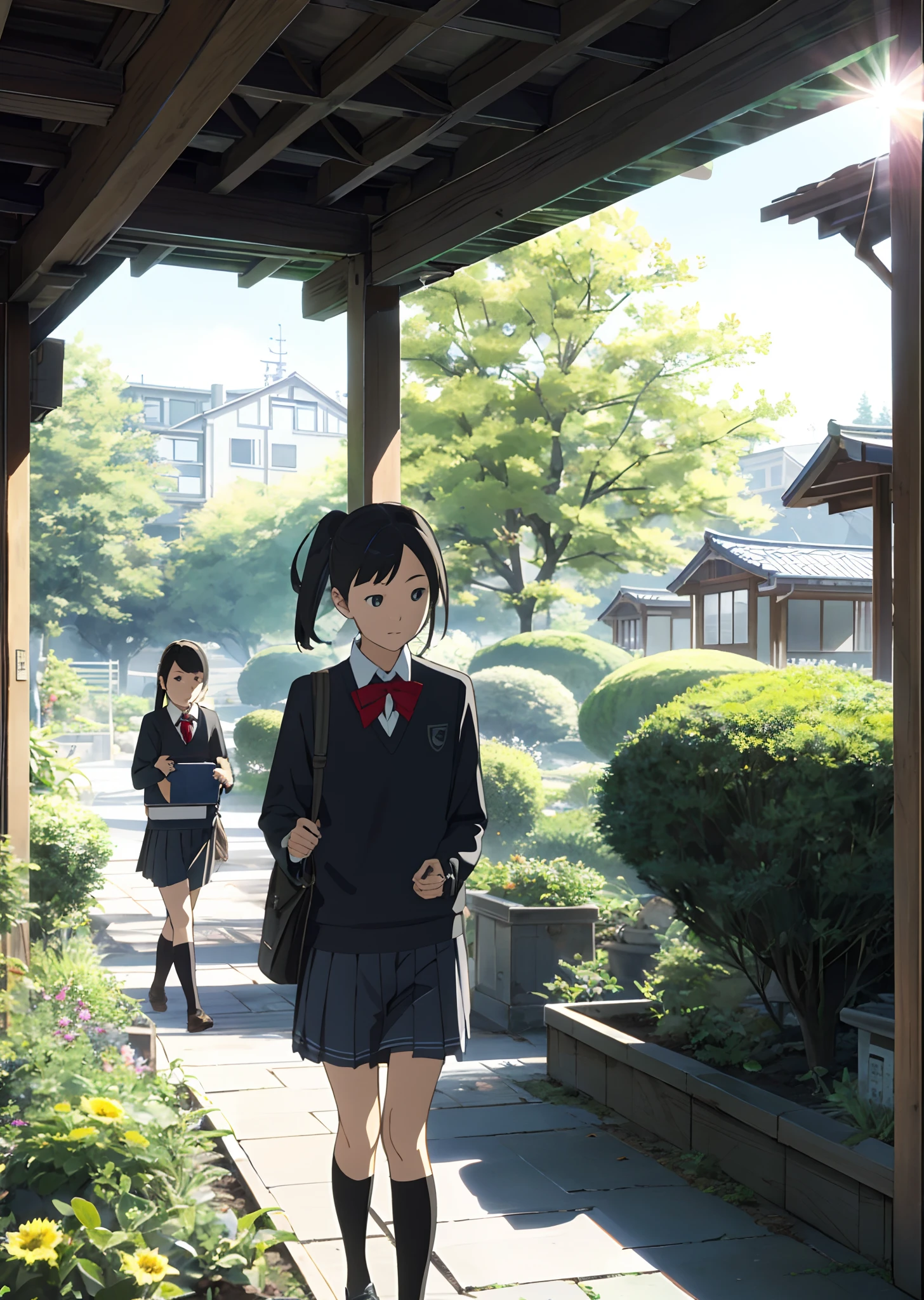 schoolgirls，and the sun was shining brightly，trpical garden，Real Human，校服