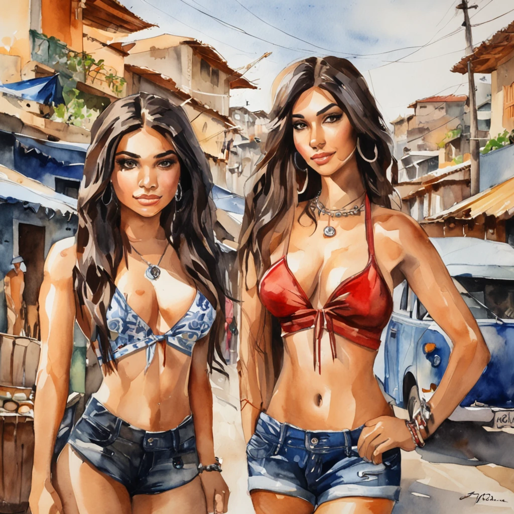 Photograph of a group of two beautiful Brazilian girls in bikinis in a favela in Brazil, full body, faces made up, brown eyes, small tattoos, traffic in the background, straight black hair, nearby yacht. Camera: Sony a7 III, Lens: Sony FE 70-200mm f/4 G OSS, Aperture: f/11, Shutter speed: 1/400s, ISO: 400, Focus mode: Continuous, Image stabilization: On, White balance: Auto, Metering mode: Multisegment, Exposure compensation: 0, Flash: Off, Angle: Full body angle, Composition: Rule of thirds, Background: Blurred, Depth of field: Shallow, Tripod: No, File format: RAW.