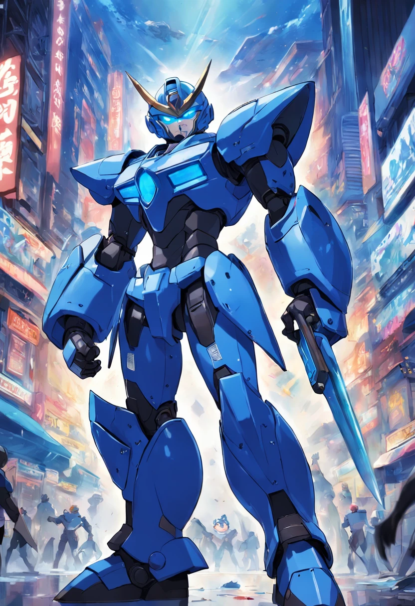 Megaman X, 7 foot tall robot transformers look, full blue armor, full blue helm but open mouth area, large size blue boots up to knee, running at view, large arm weapon aim at view