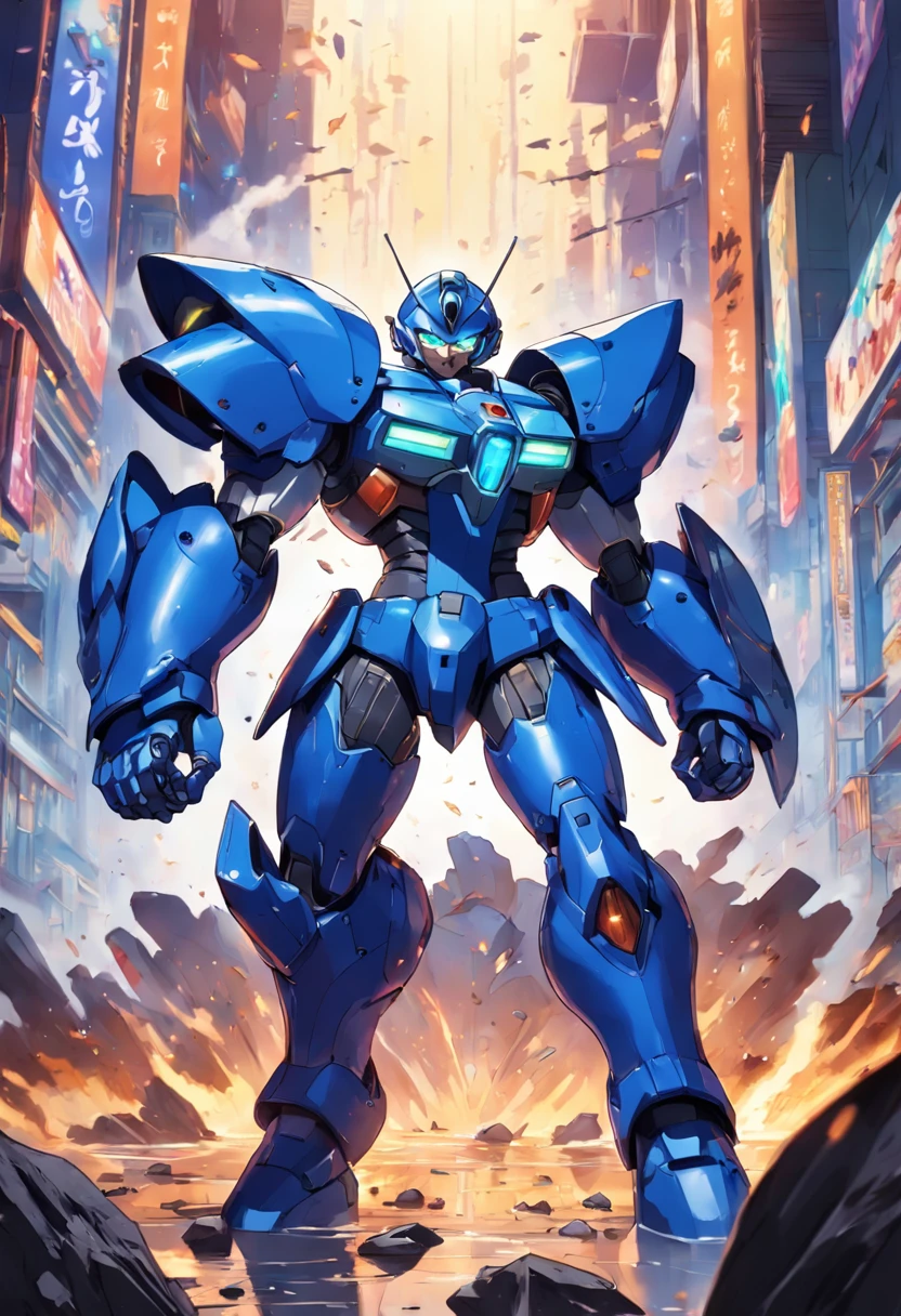 Megaman X, 7 foot tall robot transformers look, full blue armor, full blue helm but open mouth area, large size blue boots up to knee, running at view, large arm weapon aim at view