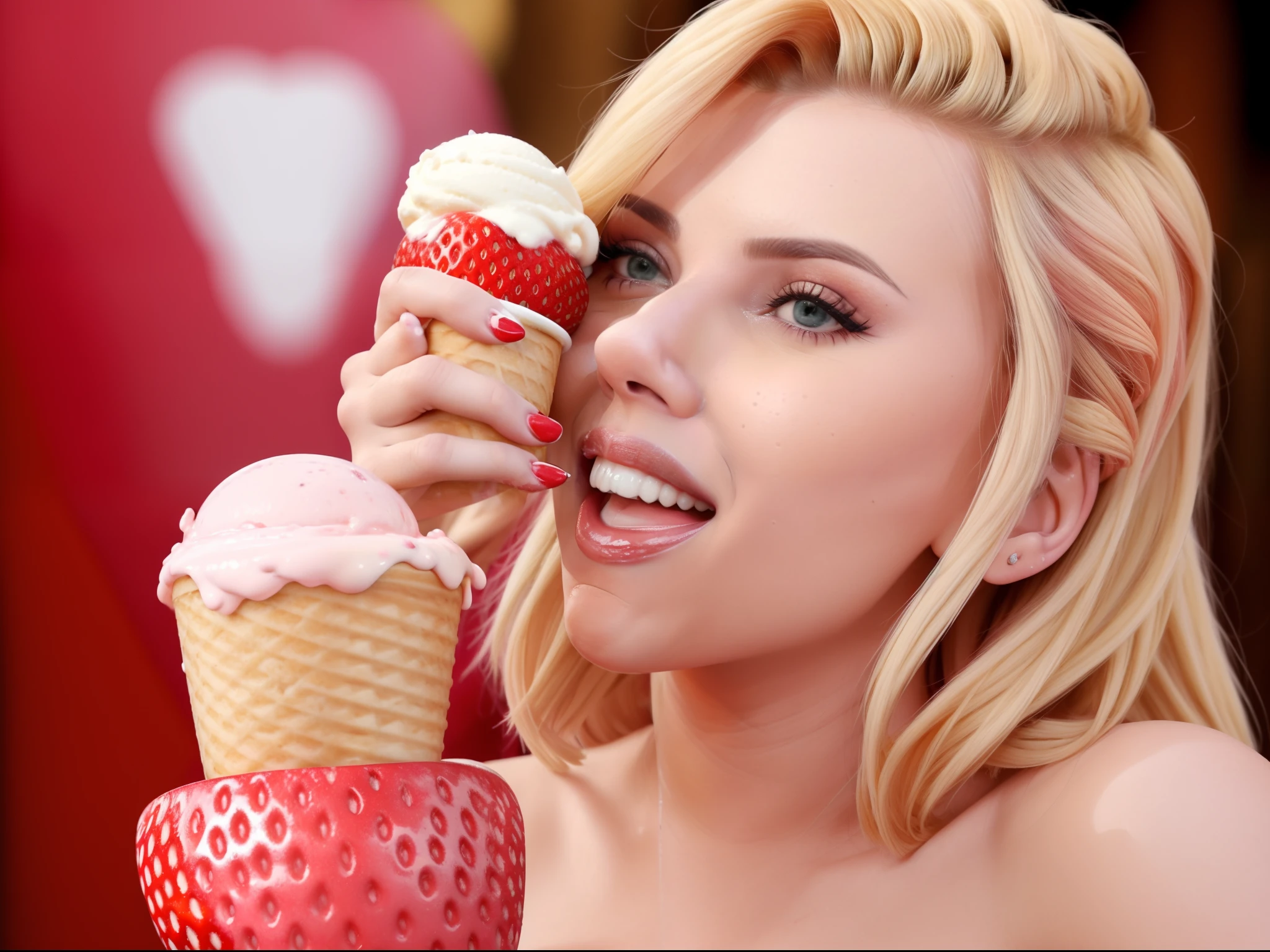 "(SCARLETT JOHANSSON enjoying a cream and strawberry ice cream with a playful expression)"