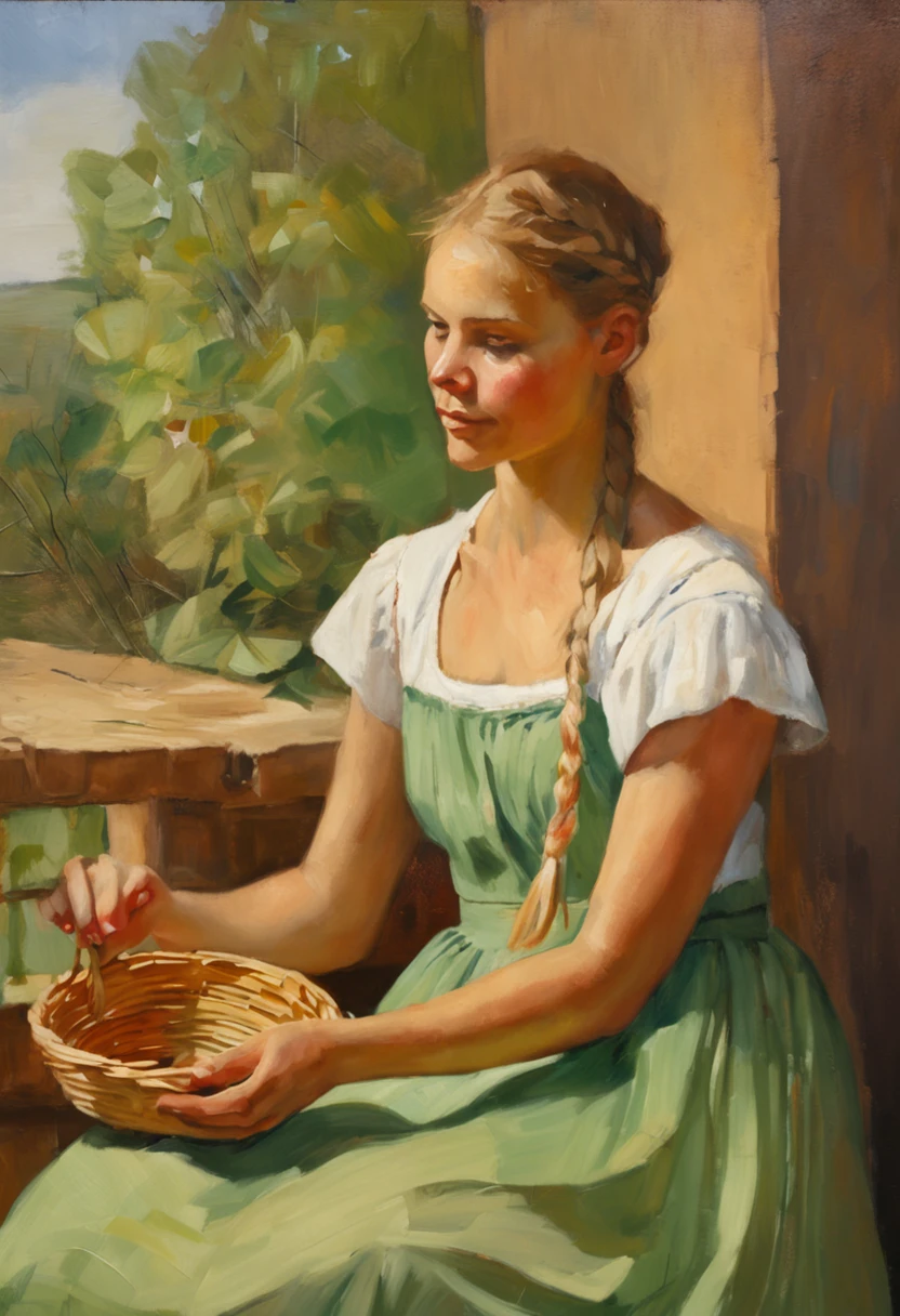 (((masterpiece))), (best quality), ultra-detailed, CG 8k illustration, (young peasant girl with braided hair, green eyes), peasant dress, farm interior, wooden bench, bowl, white ceramic cups, fresh bread, picnic basket, green trees in the distance, soft natural lighting.