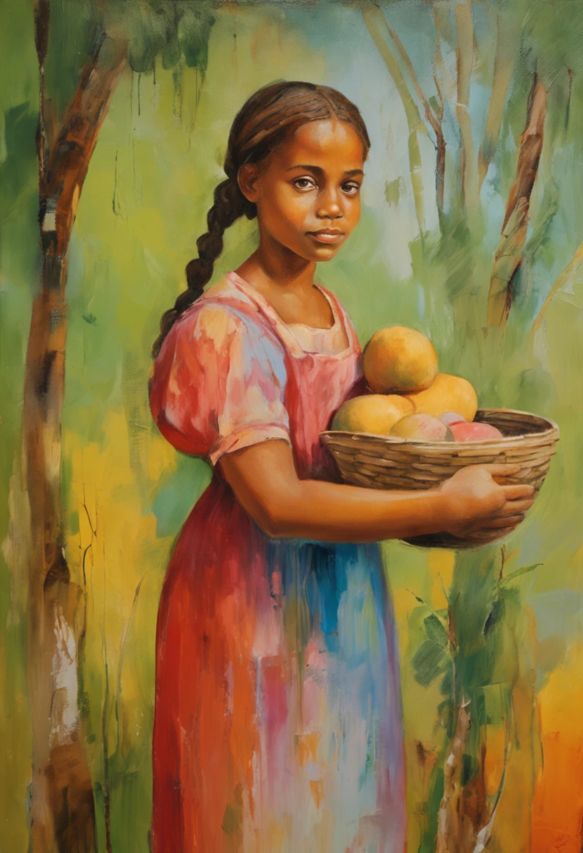 (((masterpiece))), (best quality), ultra-detailed, CG 8k illustration, (young peasant girl with braided hair, green eyes), peasant dress, farm interior, wooden bench, bowl, white ceramic cups, fresh bread, picnic basket, green trees in the distance, soft natural lighting.