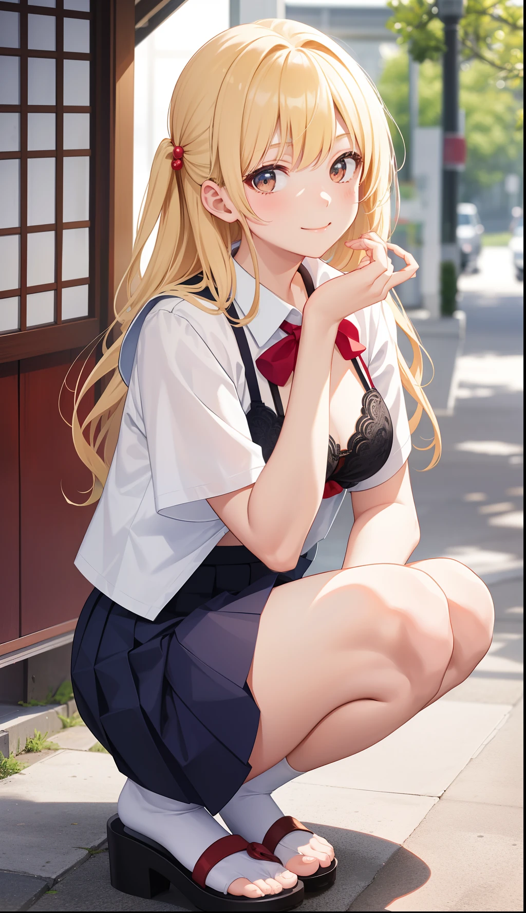 1girl in、A smile、The shirt、skirt by the、（small tits）Chilarism、Japan High School Student Uniform、serafuku、summer clothing、Run briskly、（Sheer Bra）、Upper body portrait、blonde  hair、Squatting panchira、