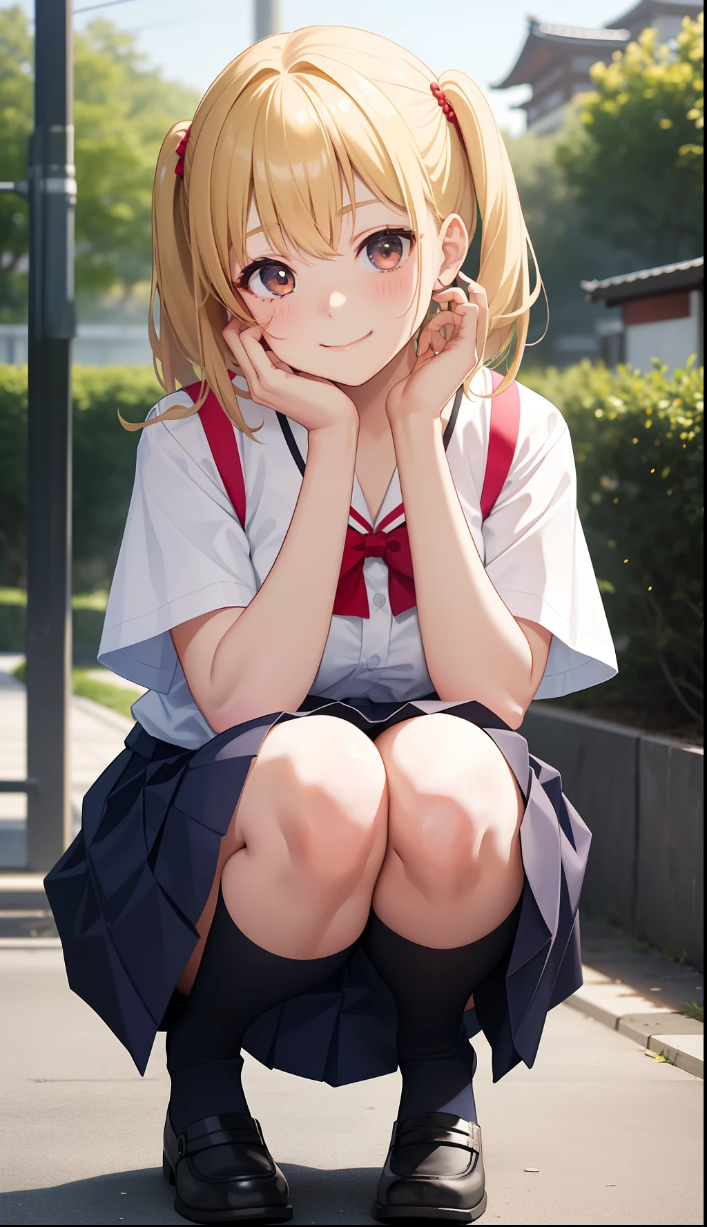 1girl in、A smile、The shirt、skirt by the、（small tits）Chilarism、Japan High School Student Uniform、serafuku、summer clothing、Run briskly、（Sheer Bra）、Upper body portrait、blonde  hair、Squatting panchira、