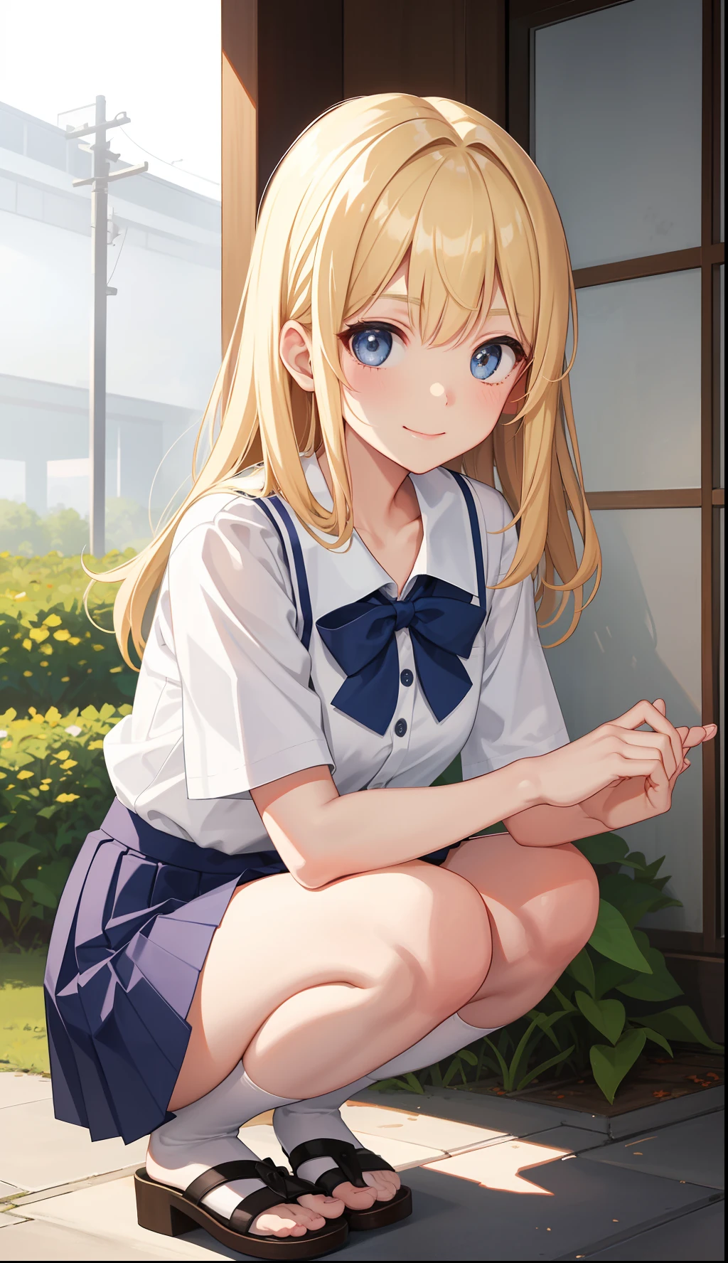 1girl in、A smile、The shirt、skirt by the、(small tits)Chilarism、Japan High School Student Uniform、serafuku、summer clothing、Run briskly、(Sheer Bra)、Upper body portrait、blonde hair、Squatting panchira、