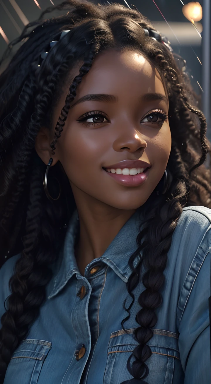 realistic portrait of beautiful 9 afro-futuristic baby girlark skin color)) eating fruit, ((chibi)), cute smile, ((in the rain)), wearing purple plain t-shirt and jeans, current fashion, mega hair long curly hair, ((kanekalon)), (cinematic contour lighting), close-up, product preview, detailed facial details, perfect face, sharpness, trend art, sharp facial details, cgsociety , very high digital art quality, exquisite hyperdetail, 4k, 3D, 8k soft lighting, dreamy fashion