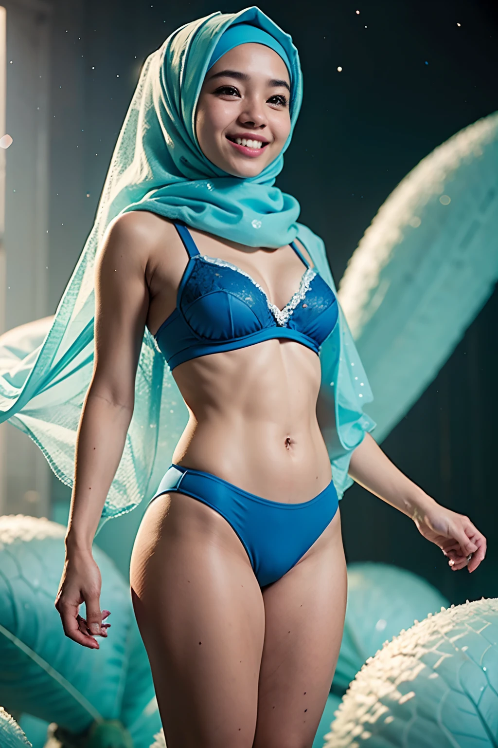 1 malay girl , plain cotton hijab,  happy, big smile, medium portrait shot , glances eyes , blue glowing particles, wear pastel blue cotton training bra and panties, blue light bokeh background, proportional body,