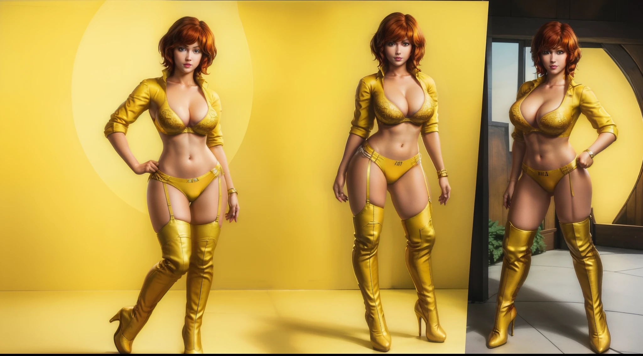 Sticker, April O'neil in a ((yellow bra and thong)), short red hair, brown eyes, 4k, ((full-body)), cleavage, (best quality:1.2), detailed face, smooth soft skin, big dreamy eyes, beautiful intricate coloured hair, symmetrical, anime wide eyes, soft lighting, concept art, full body portrait, yellow heels, shoes visible, cowboy shot, no background