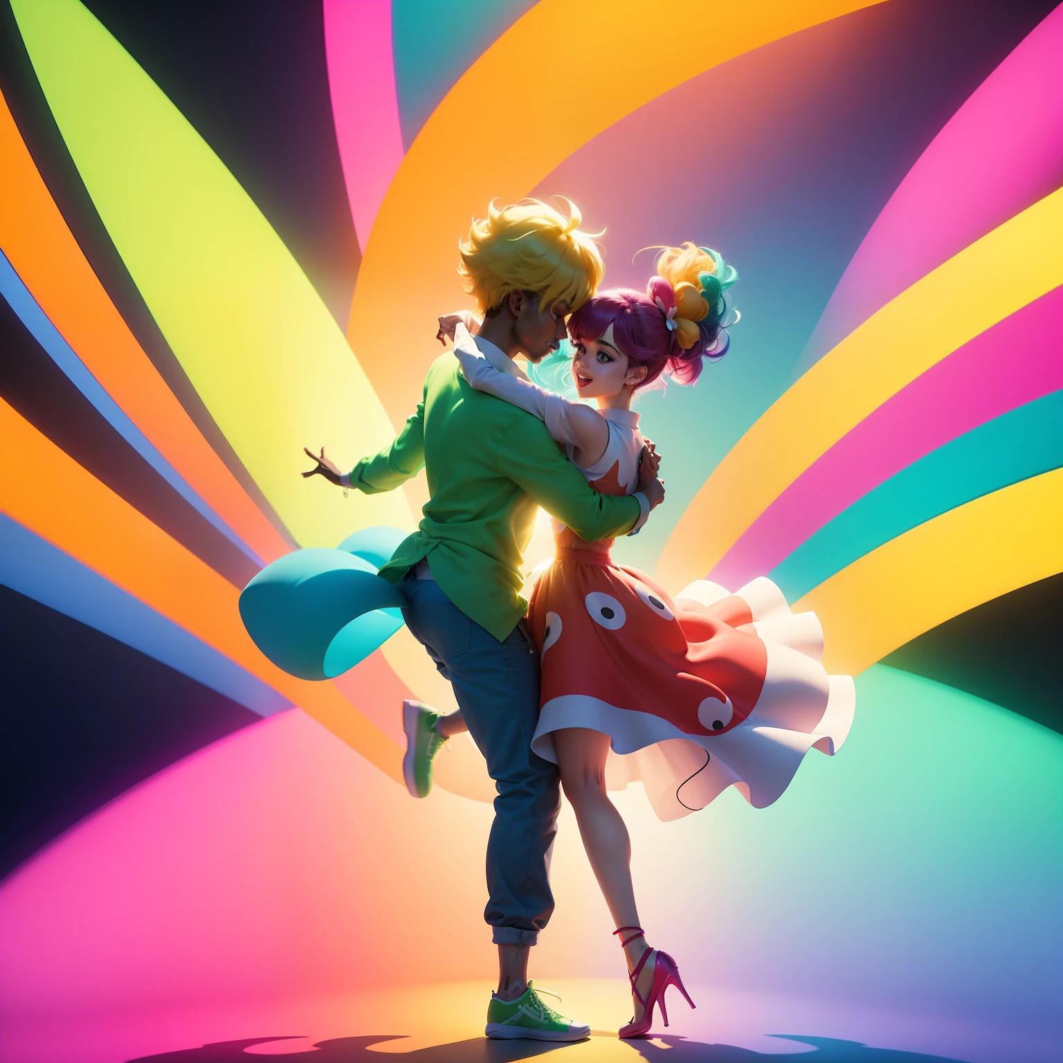 "Colorful animation: Characters dancing in a vibrant and entertaining music video, with song lyrics forming into colorful and animated shapes."