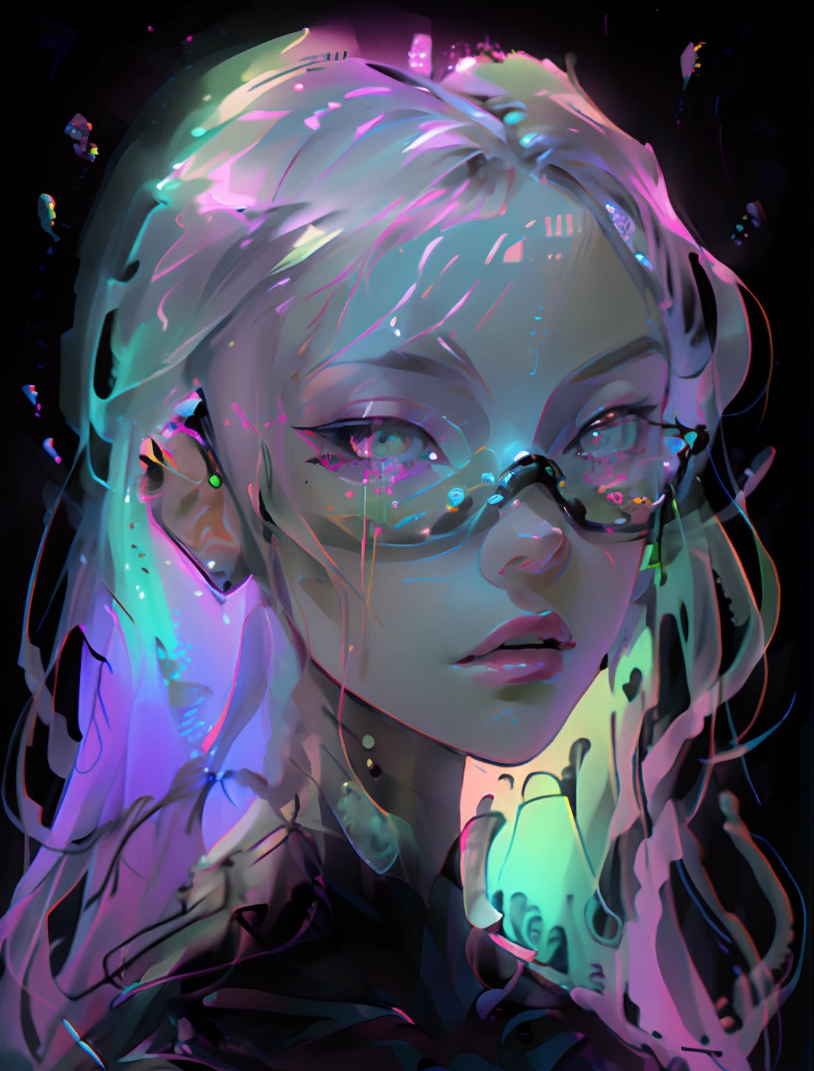 ((obra-prima, qualidade soberba, Super delicado, alta resolução)),  bonita, olhos brilhantes, Estilo rosa e verde neon, neon green heart glasses, hugging a neon green bear , Tinta de Cor Fluida, por WLOP