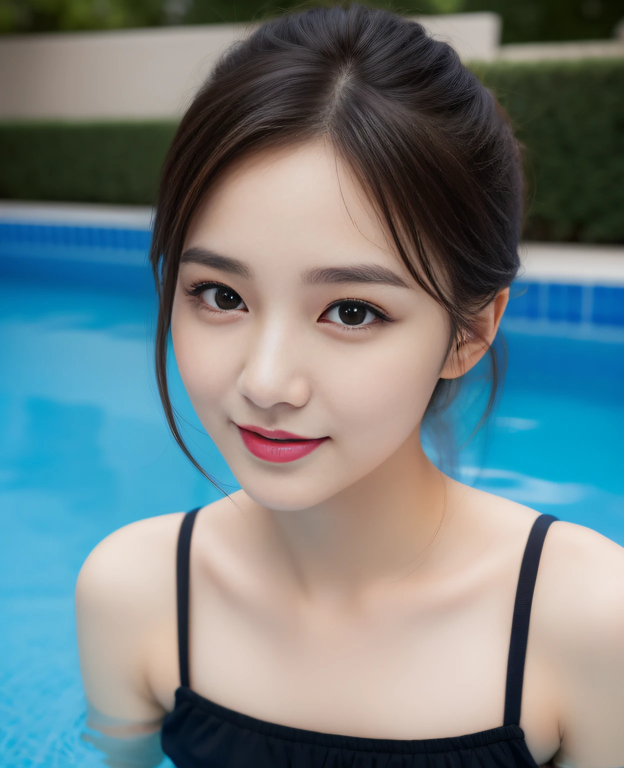 ((Best Quality, 8K, Masterpiece: 1.3)), a beauti, In addition, melon face, Friendly and cute, sweet smile, Pure desire, Slender body, (electric wires), (tilted head), ((looking at camera) ), Wearing a swimsuit, Black soft medium hair, Long flowing shoulders, round black big eyes, round black big eyes, clear big eyes, moist red lips, sweet, Pool Background , (((Whole body))),
