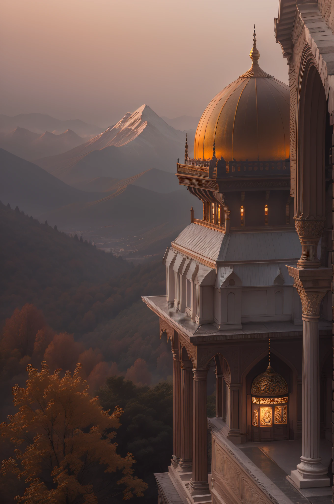 a man in front of mosque building, hight tower, golden dome, epic, fog, dawn, dramatic lighting, dim light, mountain, forest, cliff