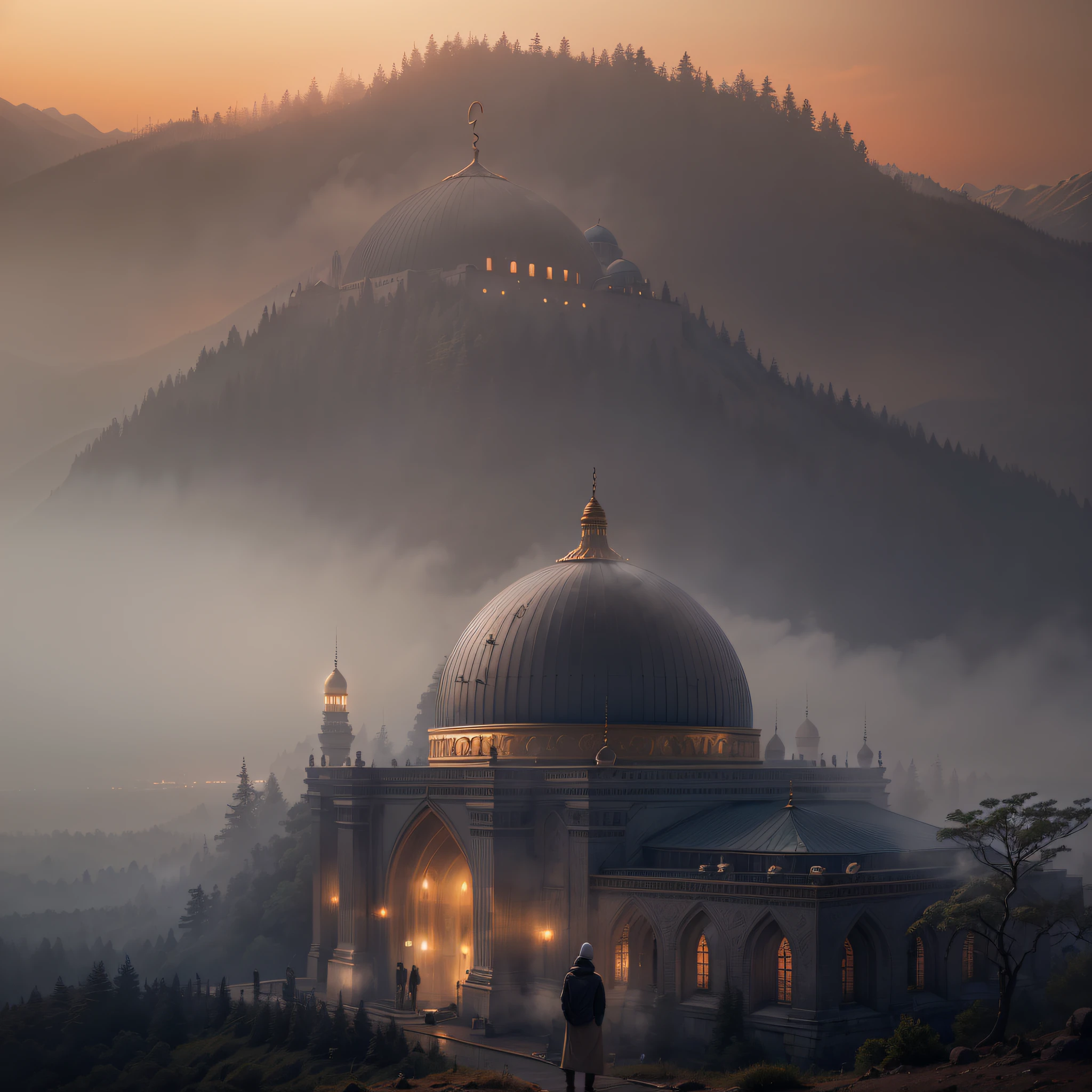 a man in front of mosque building, hight tower, golden dome, epic, fog, dawn, dramatic lighting, dim light, mountain, forest, cliff, architecture