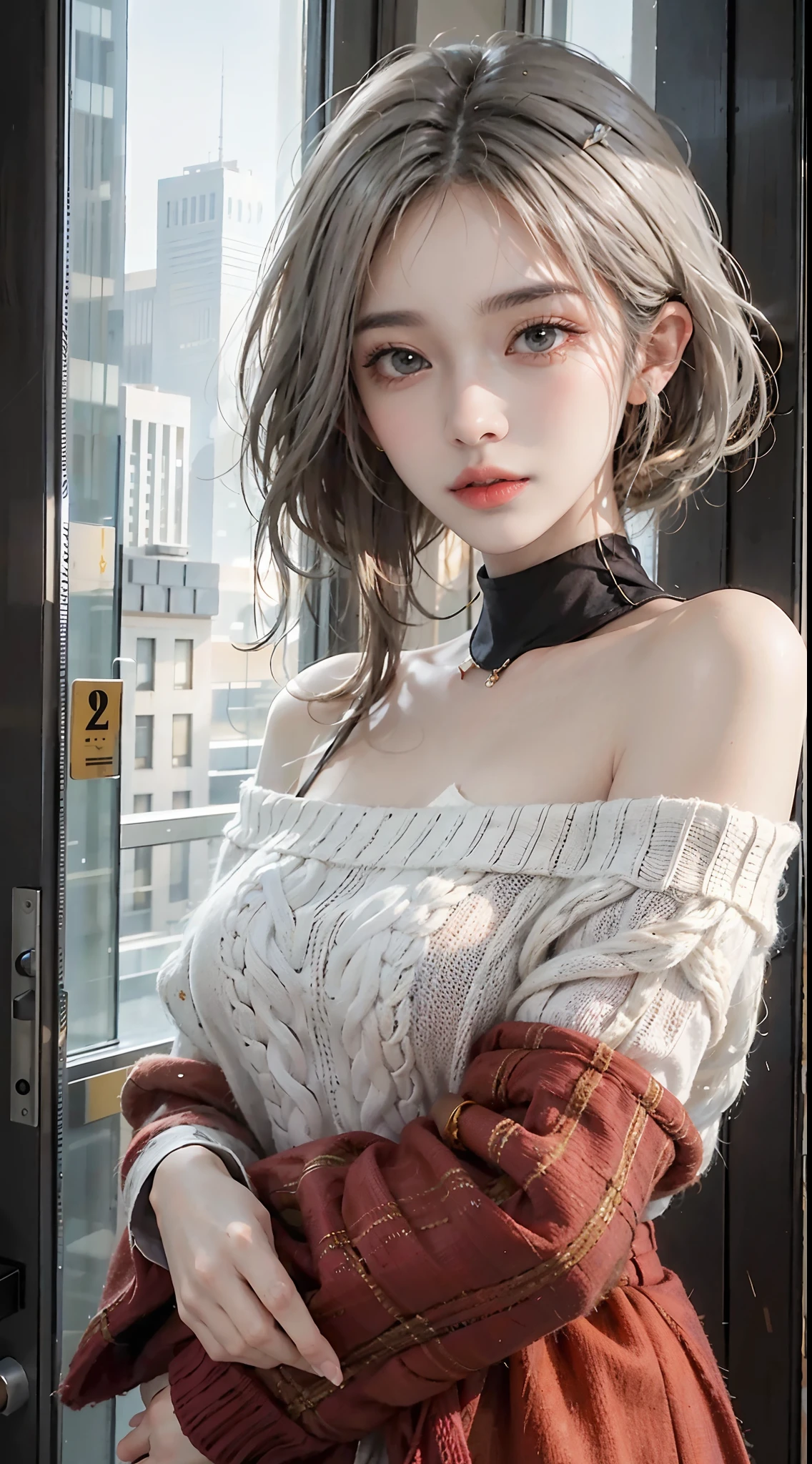 mid-shot, a beautiful woman looking into camera, white hair, off shoulder sweater by Chris Foss autumn lights