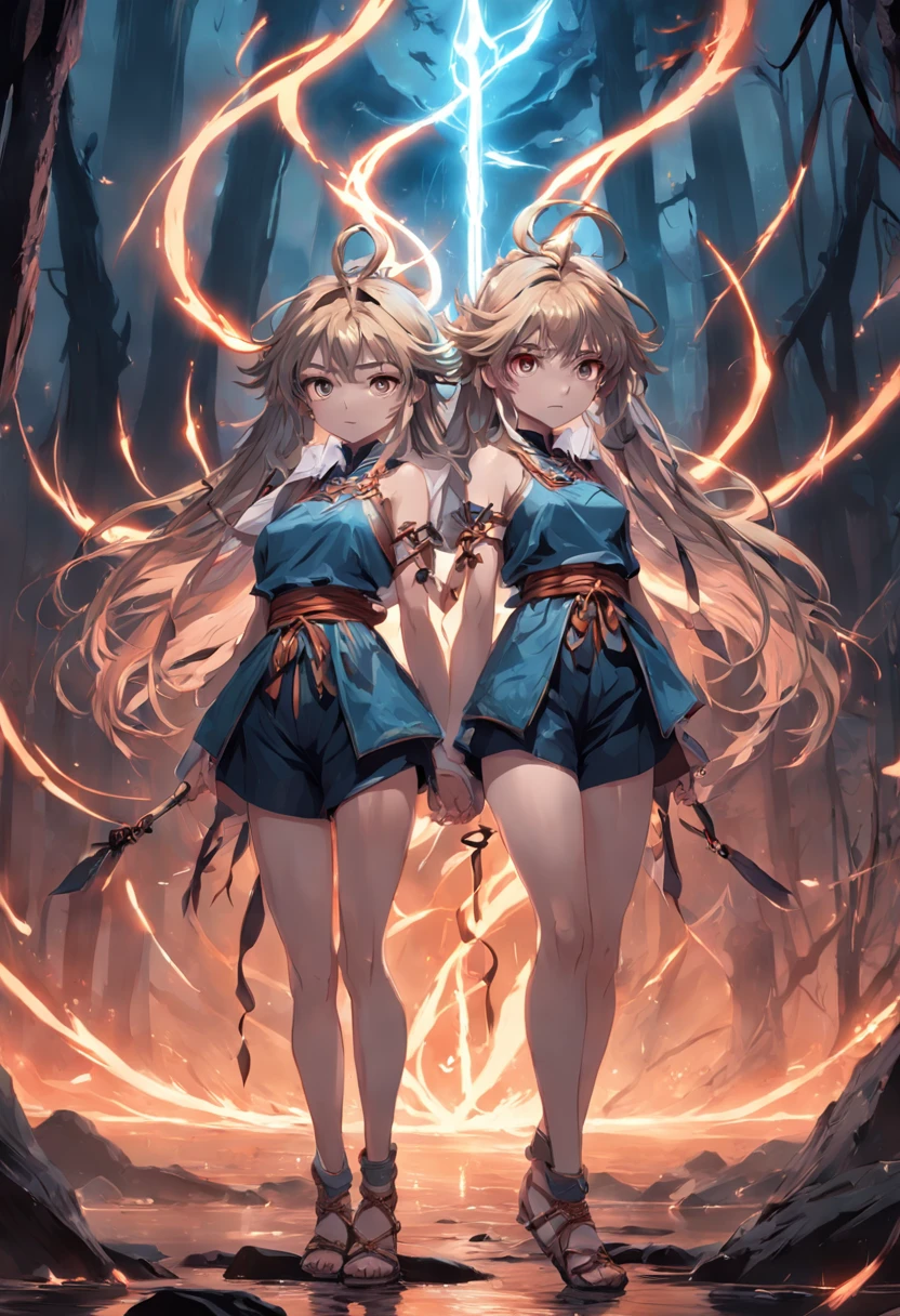 "sinister atmosphere, electric power, mysterious twins, wielding sharp spears, trendy shorts and tunics, voluminous and wild hair, adorned anklets, intertwined roots, embracing the essence of dark academia." masterpiece, 3d-rendering, together