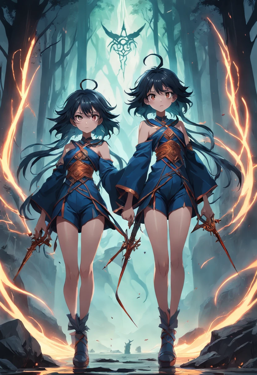 "sinister atmosphere, electric power, mysterious twins, wielding sharp spears, trendy shorts and tunics, voluminous and wild hair, adorned anklets, intertwined roots, embracing the essence of dark academia."