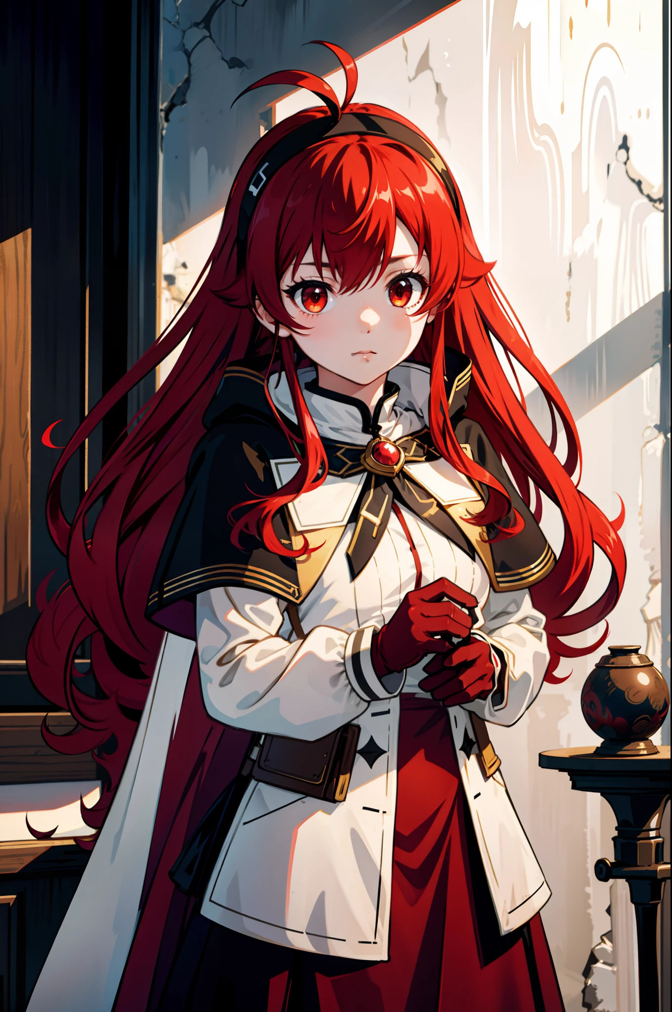 upper body, 1girl, Eris Greyrat, red hair, red eyes, ahoge, hairband, capelet, coat, gloves, (masterpiece:1.2), highres, best quality, 8k, very clear,