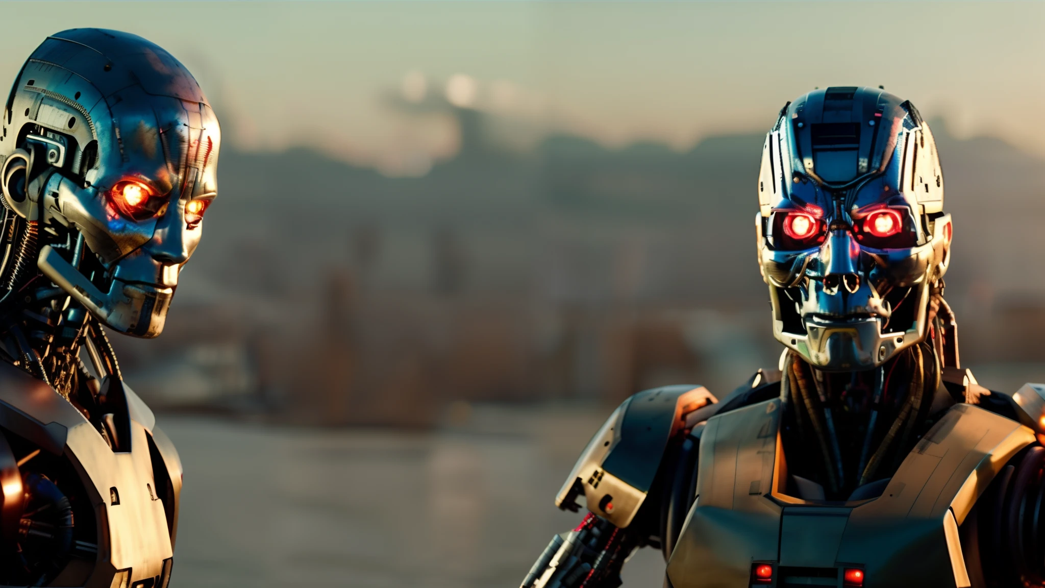 Hay un hombre parado junto a un robot con ojos verdes, Un adolescente cyborg biopunk, Still from the movie Terminator, Cyborgs aumentados, Robots cyborgs, movie still of a villain cyborg, cyber implants, cyber implants, cyber skeletons, Futuristic machines and robots, Un cyborg ciberpunk adolescente, Ancient cybernetic bionic cyborg, Muerte y robots