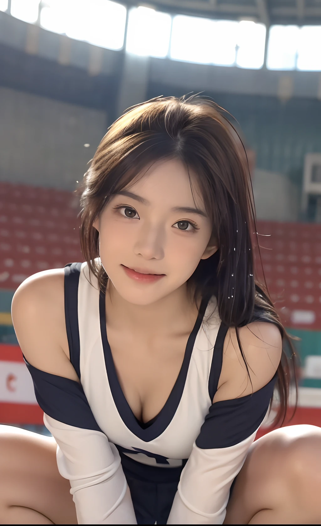 (Best Quality, 8K, 32K, masutepiece, nffsw: 1.2), ( Tall gravure model), dark brown hair, Professional Lighting, Photon mapping, Radio City, (high-detail skin: 1.2), (exposed shoulder: 1.1), squatting with legs open, ((Provocative Dynamic Poses)), (she is soaking wet), (top-down view: 1.5, (Volleyball player、Volleyball uniform: 1.1, ), hyperdetailed face, Detailed lips, Detailed eyes, Double eyelids, Gymnasium, indoor stadium,A smile