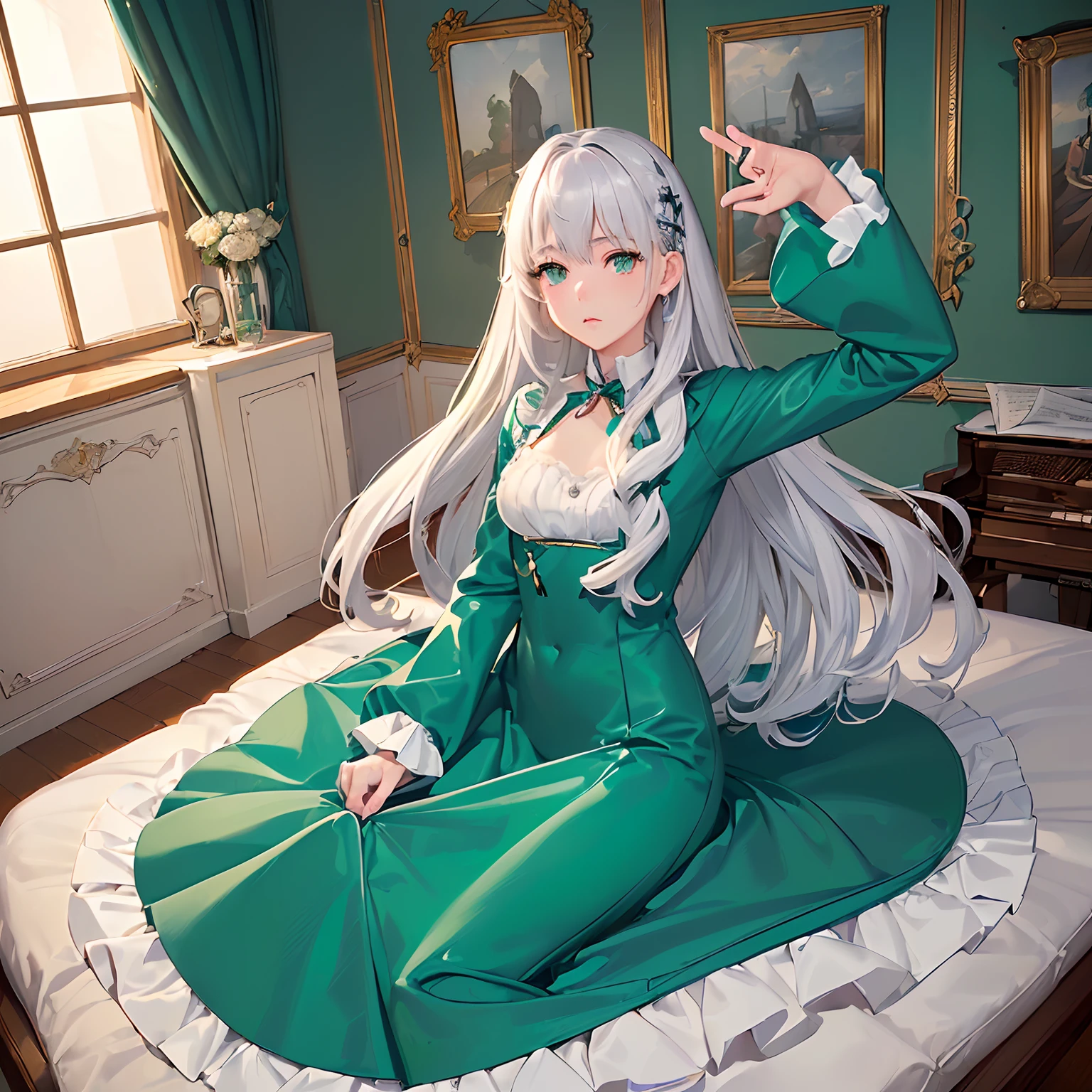 masterpiece、top-quality、High-quality images、8K、 ((Background with、Accurate perspective、line-drawing、Contour extraction、colourfull、Moderate shading、Medium omission:1.4)) ((Ana's Bedroom、Stylish bay window with sea view、Very bright lighting、On the wall4Photo、a bed、typical:1.3))((Music room at home with sea view、Piano instruction、lesson、Started training world-class pianists:1.4)) announcer((anastasia、Graduated from the piano department of the College of Music、Piano Teacher、The goal is to train famous pianists、Good friends with students、Has the ability to manipulate the darkness of the mind at will、When Leo is not present, You can sleep whenever you want.、pure、with light glowing、Little crybaby、Semi-long silver hair、Emerald green eyes、Slimed、Balanced proportions、Fashionable dresses selected in the costume room、Room makeover、lecture、Leo's Advisor、Freedom of action、Try to convey your thoughts:1.5))、、、、I am Leo、announcer、I'm a piano teacher, so I'm busy.、Leo needs to get out of Ana's way, too.、By the way、Did you write something?What is Ana hiding with her hands?