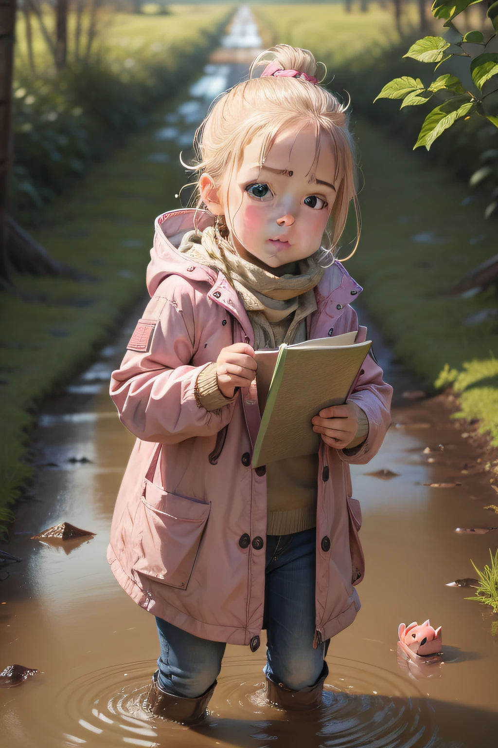 piggy in the sty, mud, happy, with clarity, natural and pink coat, ultra hd, children's book style.