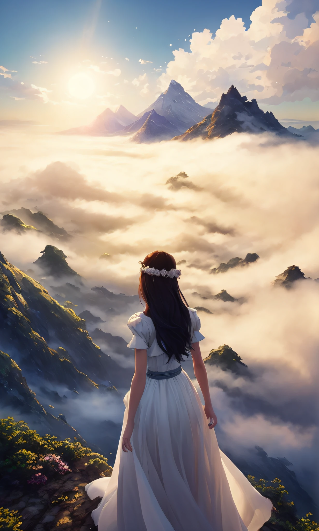 An Allard woman in a white dress standing on a hill above the clouds, Guviz-style artwork, ((looks into camera)),Among the clouds, wanderer above the sea of fog, Fanqi's dramatic conceptual art by Makoto Shinkai Cyril Rolando, 2 made by Yang J and Ross Tran.5D CGI anime fantasy artwork.