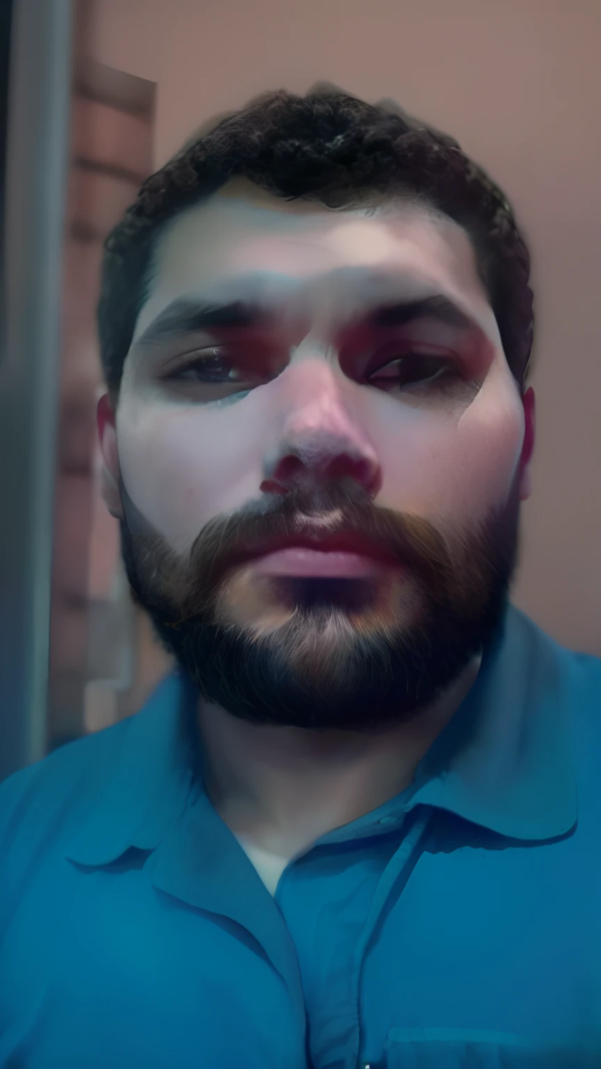 Ultra resolution, Hiper realista, vinheta, Centralizado, Um retrato de um homem viril, looking-into-camera, olhos castanhos , cabelo castanho ondulado, beardstache, manly cheekbones, - Pele ebony olive, ombros largos, musculoso, Real camera with muzzle in eyes, studio, Luz de Preenchimento, luz de fundo, luz de cinema