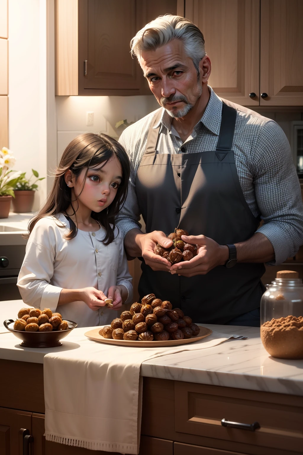 Um homem de 30 anos, His wife of 28 years and their -yeld soll tasting delicious medjoul dates in the kitchen at home!