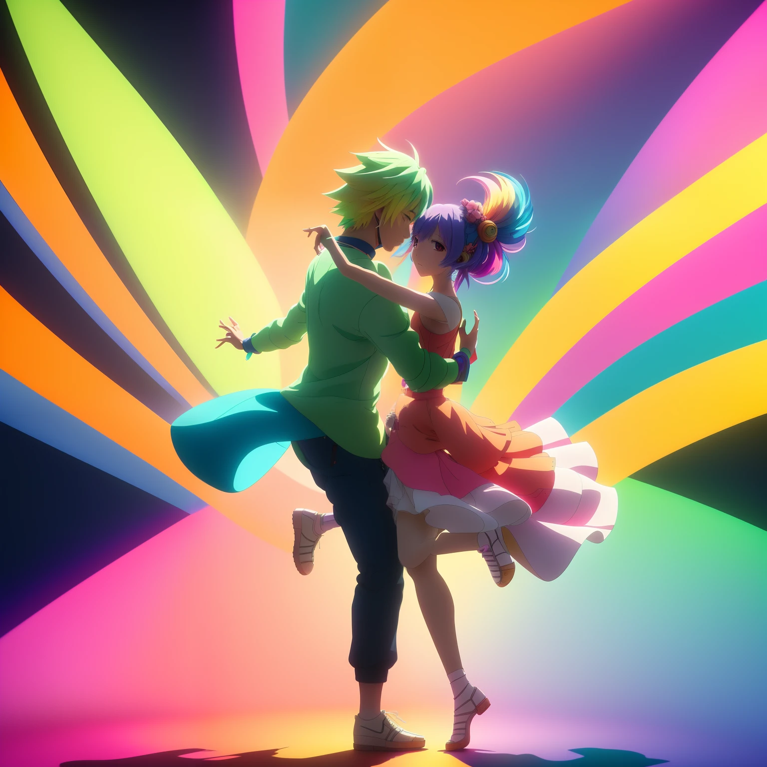 Anime couple dancing in a colorful light with a rainbow background, cinema 4d render colorido, colorful vivid octane render, anime estilizado, Lisa Franco & Sho Murase, estilo anime. 8k, colorido! design de personagens, Beeple e Jeremias Ketner, colorful octane render, anime estilo 3d, arte conceitual colorida, cores vivas dos desenhos animados