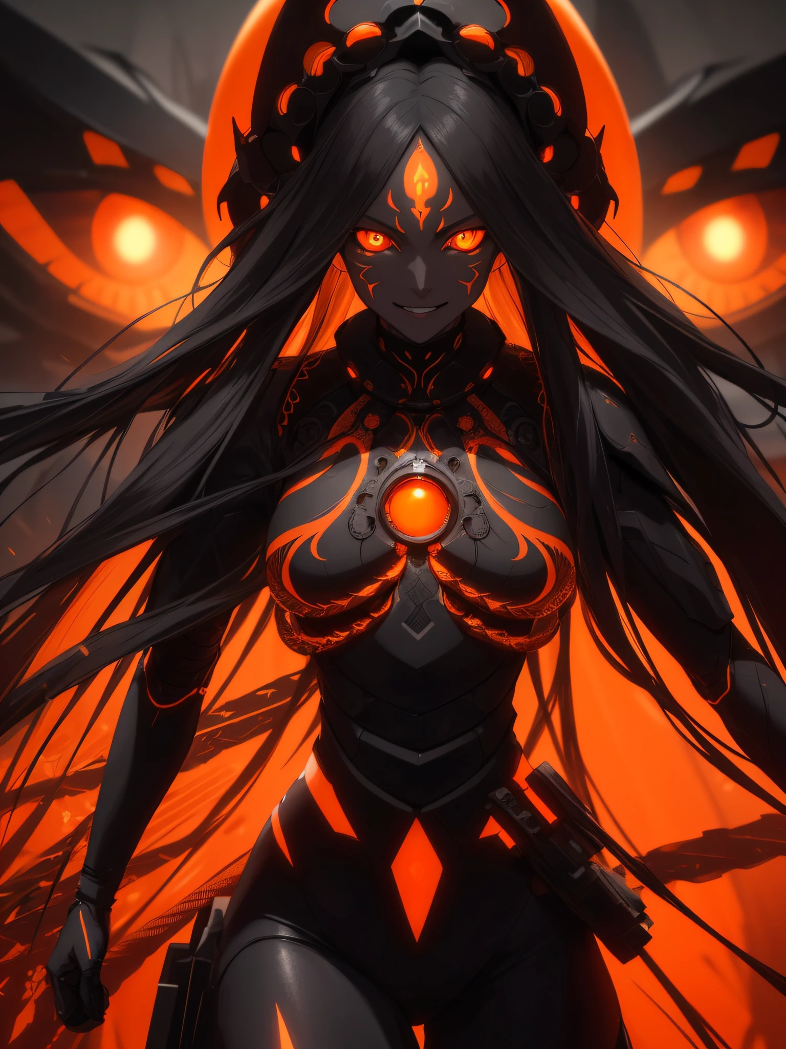 masterpiece, highest quality, female, orange glowing eyes, detailed eyes (1.4), long flowing hair, scars on face, huadian on forehead, villainous expression, smiling, black skin suit with orange glowing pattern, mechanical appendages, ready for battle, blurred stormy background, dark atmosphere, lighting in background