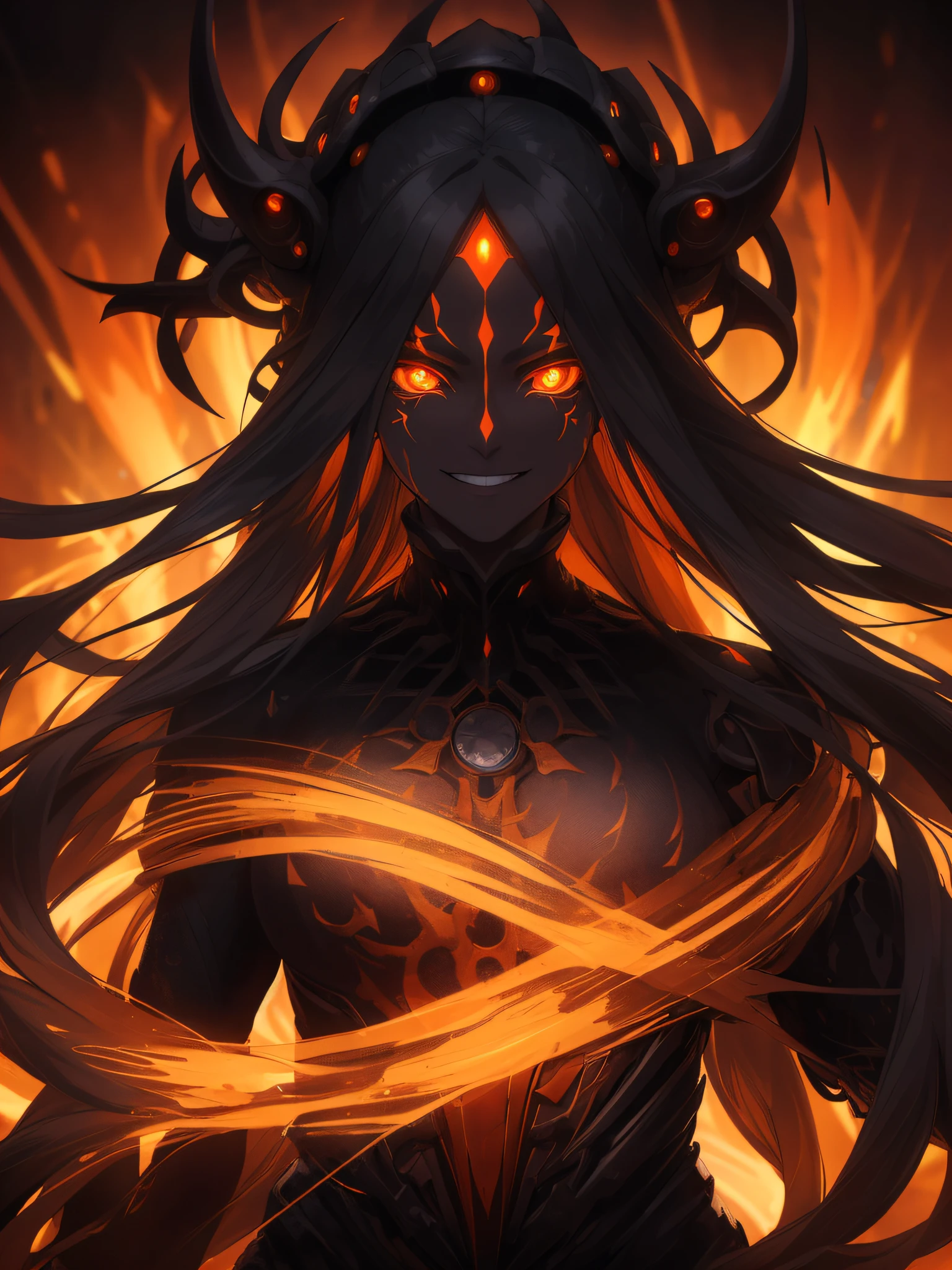 masterpiece, highest quality, female, orange glowing eyes, detailed eyes (1.4), long flowing hair, scars on face, huadian on forehead, villainous expression, smiling, black skin suit with orange glowing pattern, mechanical appendages, ready for battle, blurred stormy background, dark atmosphere, lighting in background