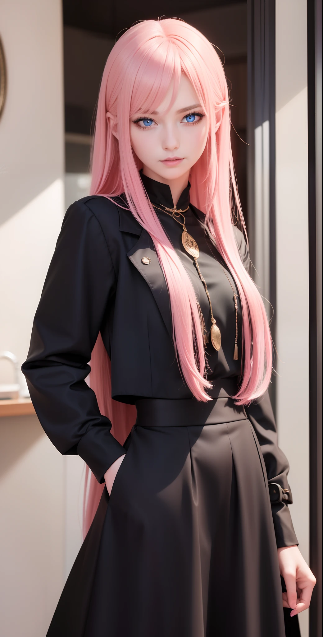masterpiece, top-quality, Adults, different color, finely eye and detailed face, intricate detailes, Wizarding World Costumes((A black)), Inside the coffee shop, During the walk, A smile, Happiness, tenderness, youthfulness, high-level image quality、 Beautuful Women、tall、window、𝓡𝓸𝓶𝓪𝓷𝓽𝓲𝓬、Englishman, Idol Photos, k pop, Professional Photos, the witch, Fedoman with necklace, inspired by Sim Sa-jeong, Androgynous witch, :9 detailed face: 8, extra detailed face, detailed punk hair, ((Light blue eyes)) baggy eyes, Seductive. Highly detailed, semi realistic anime, Vampires, hyperrealistic , Delicate androgynous princess, imvu, Woman with long hair, Gentle smiling woman, Sexy and cool face, glamor, sexypose, ((Woman with pretty long pink hair and light blue eyes)),