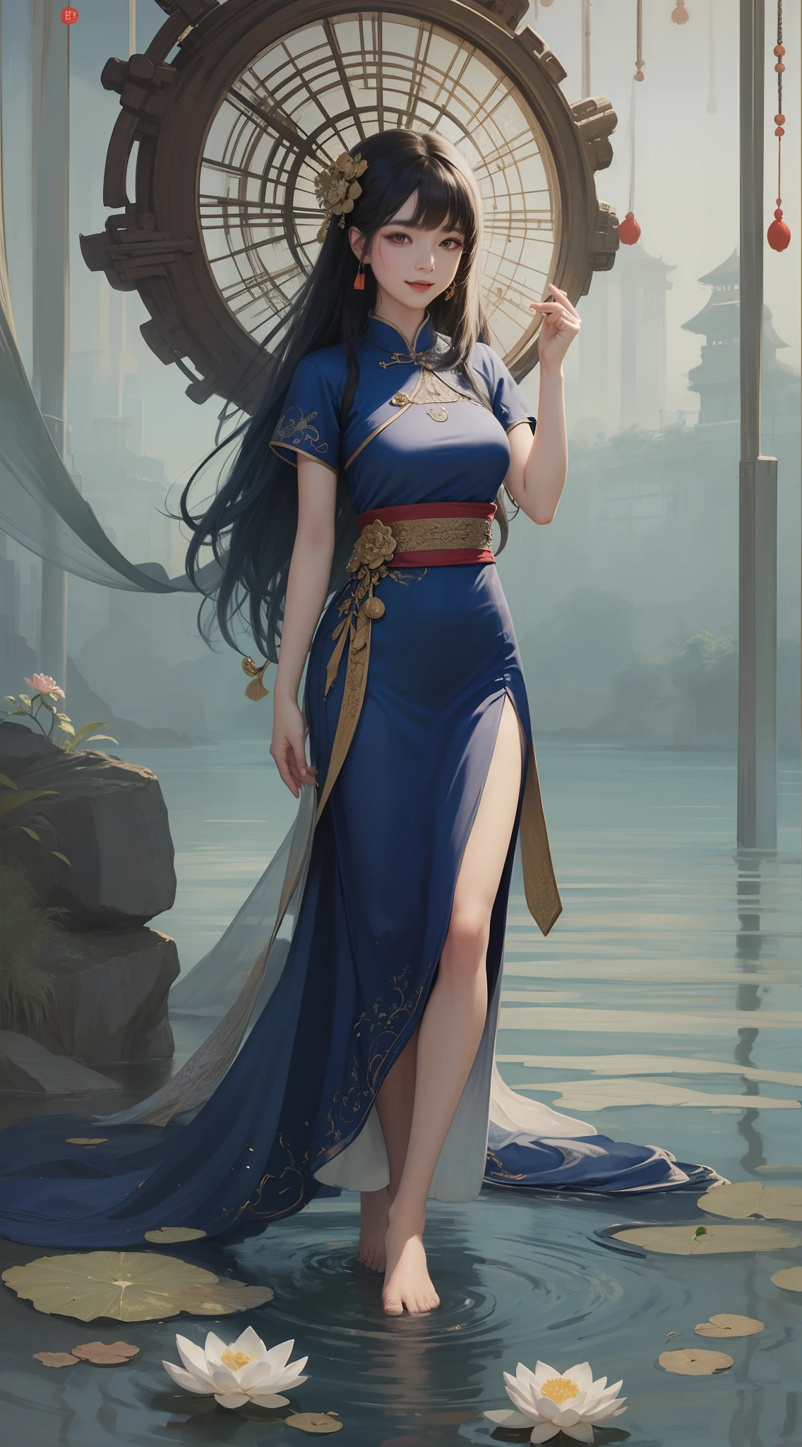 ((4k,masterpiece,best quality)), shuimobysim, traditional chinese ink painting, lotus, hanfu, maxiskit, dress conservatively 1girl, solo, long blue hair, smile, standing, feet in the water, barefoot,