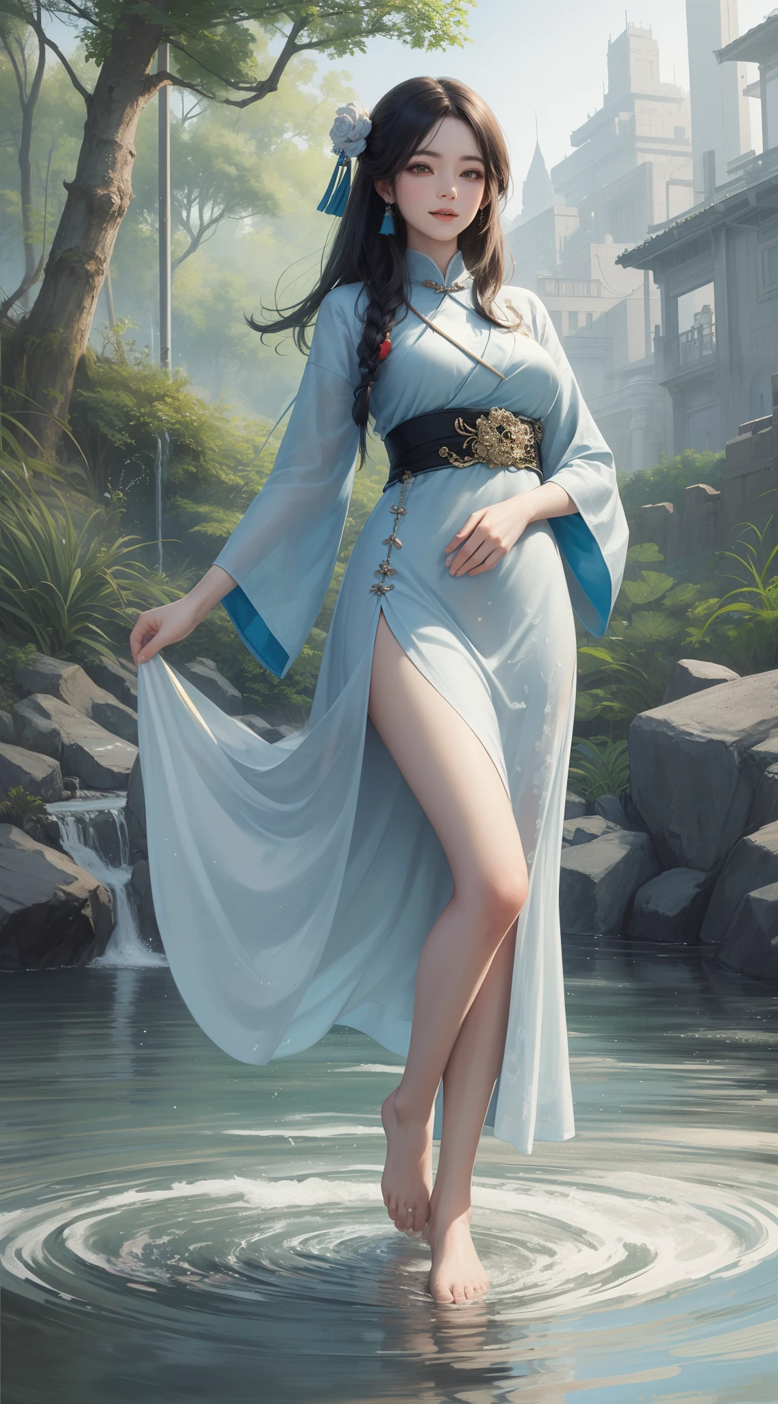 ((4k,masterpiece,best quality)), shuimobysim, traditional chinese ink painting, lotus, hanfu, maxiskit, dress conservatively 1girl, solo, long blue hair, smile, standing, feet in the water, barefoot,