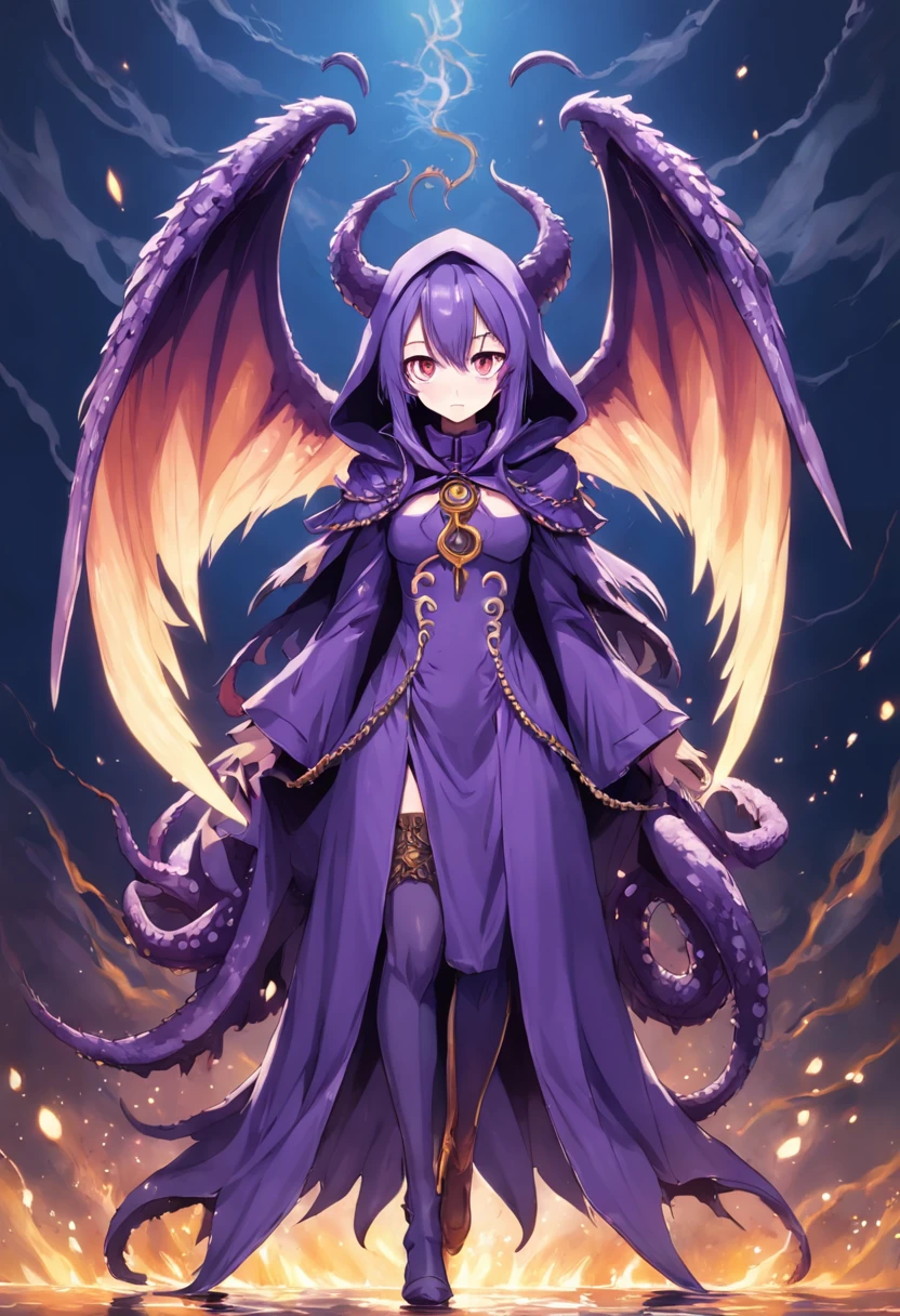 cephalopod, purple scaled tentacles, feathered wings, purple cloak and hood, golden horns, riding on a dragon, Fallen angel and duke of hell, masterpiece, Best Quality
